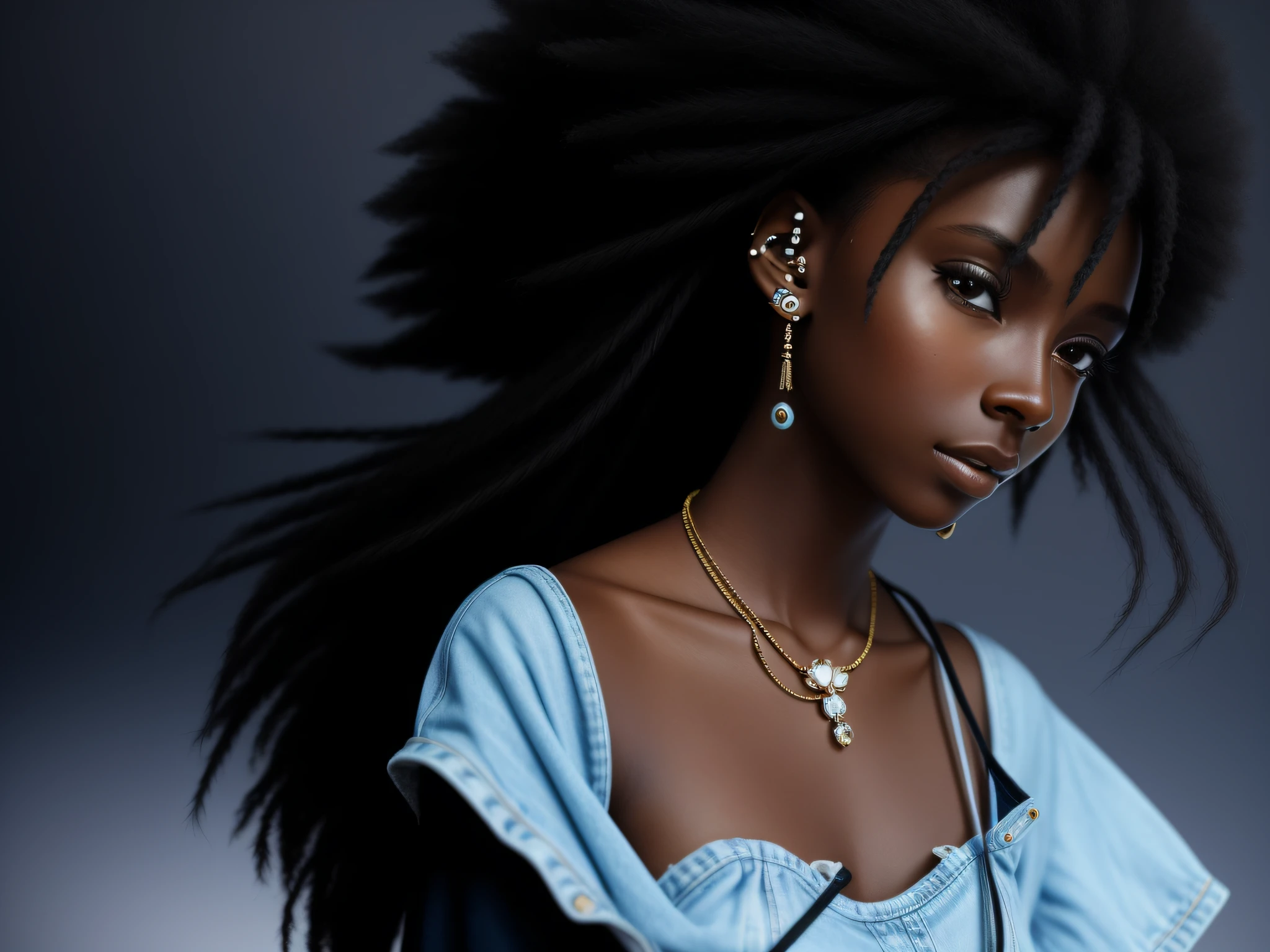 Realism portrait of 3 year old girl ((dark skin tone)) cute, afrofuturistic, cute anxious look, (swing)), current fashion, wearing colorful t-shirt and jeans, tied up long hair, ((bracelet, earrings)), background dark lighting, close-up, product view, detailed facial details, perfect face, sharpness, Trending Art, Sharp Face Details, CGSetsociety, Ultra High Quality Digital Art, Ultra Exquisite Details, 4K, 8K Lighting Smooth, -ISO100 Dreamy, Fashion-