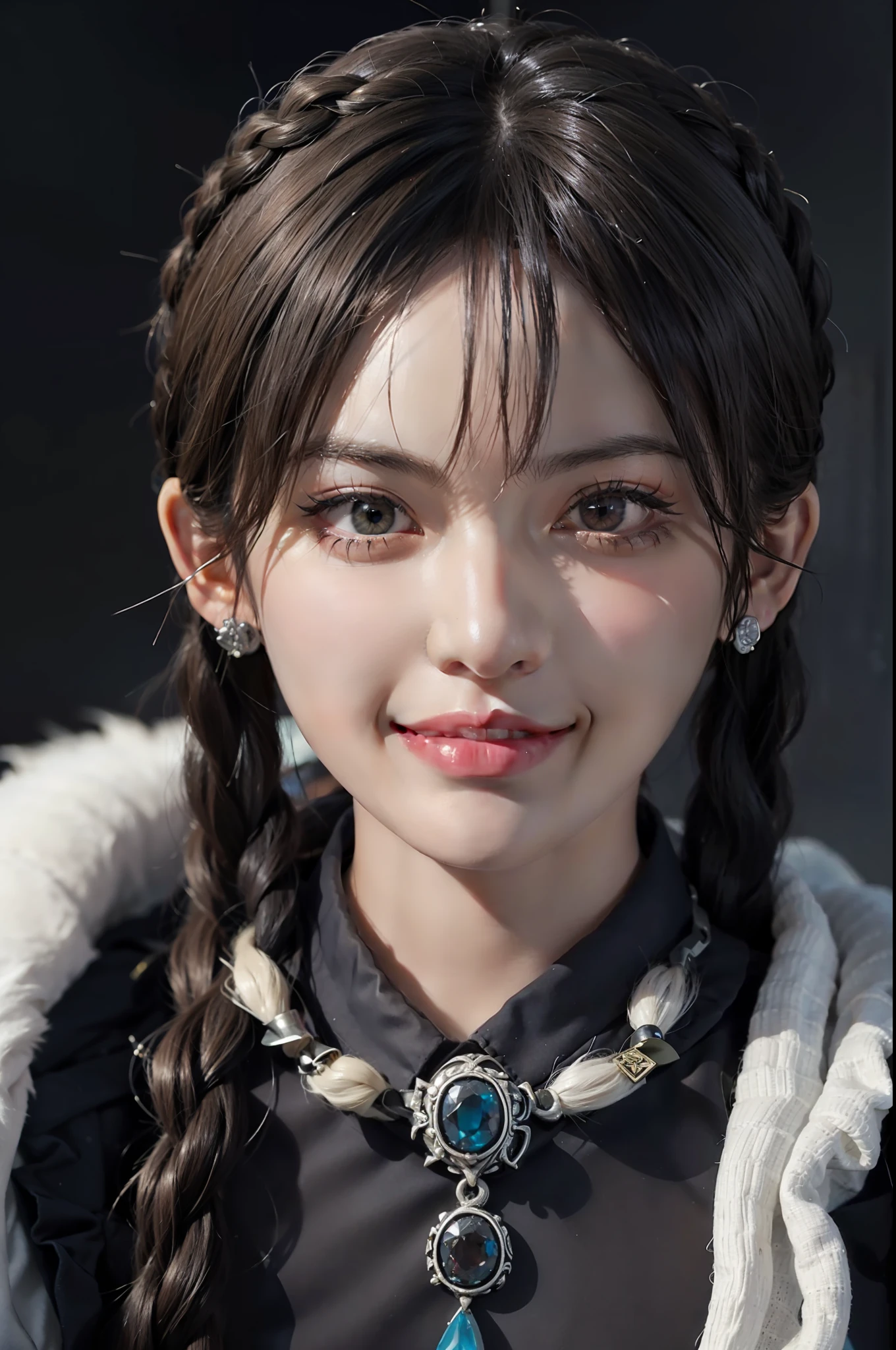 1girl,photorealistic,naughty face, white hair,rolling_eyes,ahegao, open mouth, evil smile, srtong wind,twin_braids, earrings, jewelry, animal,