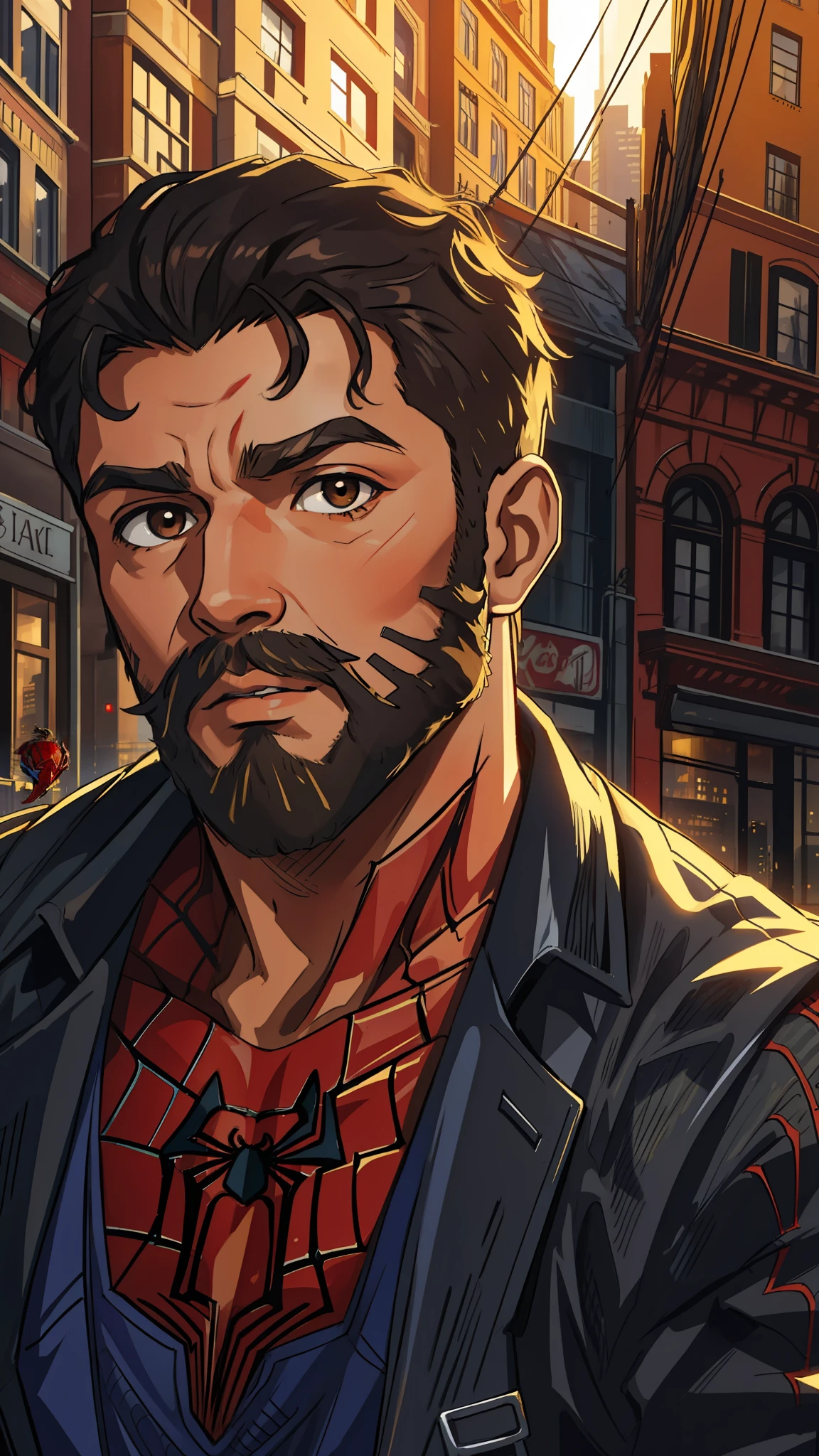 (masterpiece, best quality), intricate details, 8k, artstation, wallpaper, official art, splash art, sharp focus, spider man, short curly hair, beard, brown skin, spider web printing, spider web,
skyscrapers, city, buildings, cars, street,