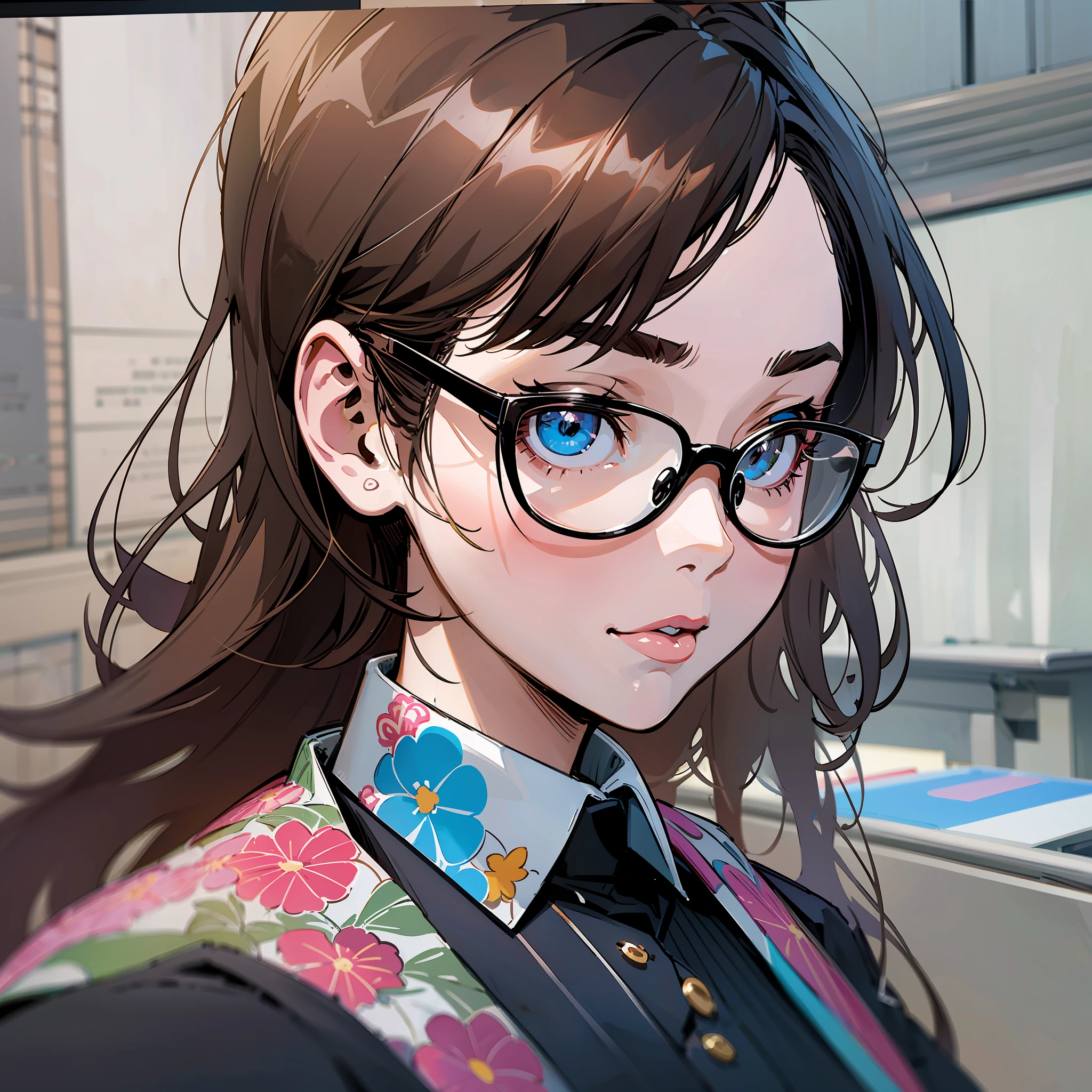 There is a woman with glasses and a flowered shirt, stylized realistic anime, 3D stylized render, stylized 3D, 3D style anime, stunning detailed art style, cartoon art style, to rent 3D artist, highly detailed character, 3D realistic anime style, close-up character, 8k high quality detailed art, highly detailed character design + A drawing version of The Office characters in a day at the office --auto --s2
