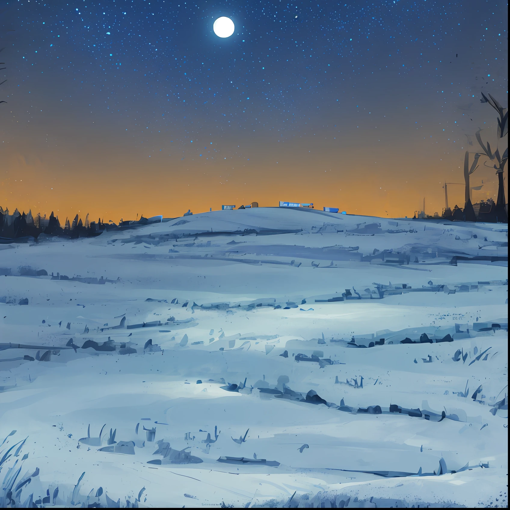 Develop a nightscape image with the moon highlighted. The scene should depict a starry sky, where a large bright moon is positioned in the upper right corner of the image. The moon is in its crescent phase, with a significant part illuminated. The landscape in the foreground consists of an open field with tall, undulating grass. On the horizon, there is a line of dark trees, outlined against the starry sky. The night sky should be filled with bright stars forming constellations. that the image is sharp, detailed and conveys a sense of calm and tranquility by the natural beauty of the universe. Image size should be 1920 px by 1080 px