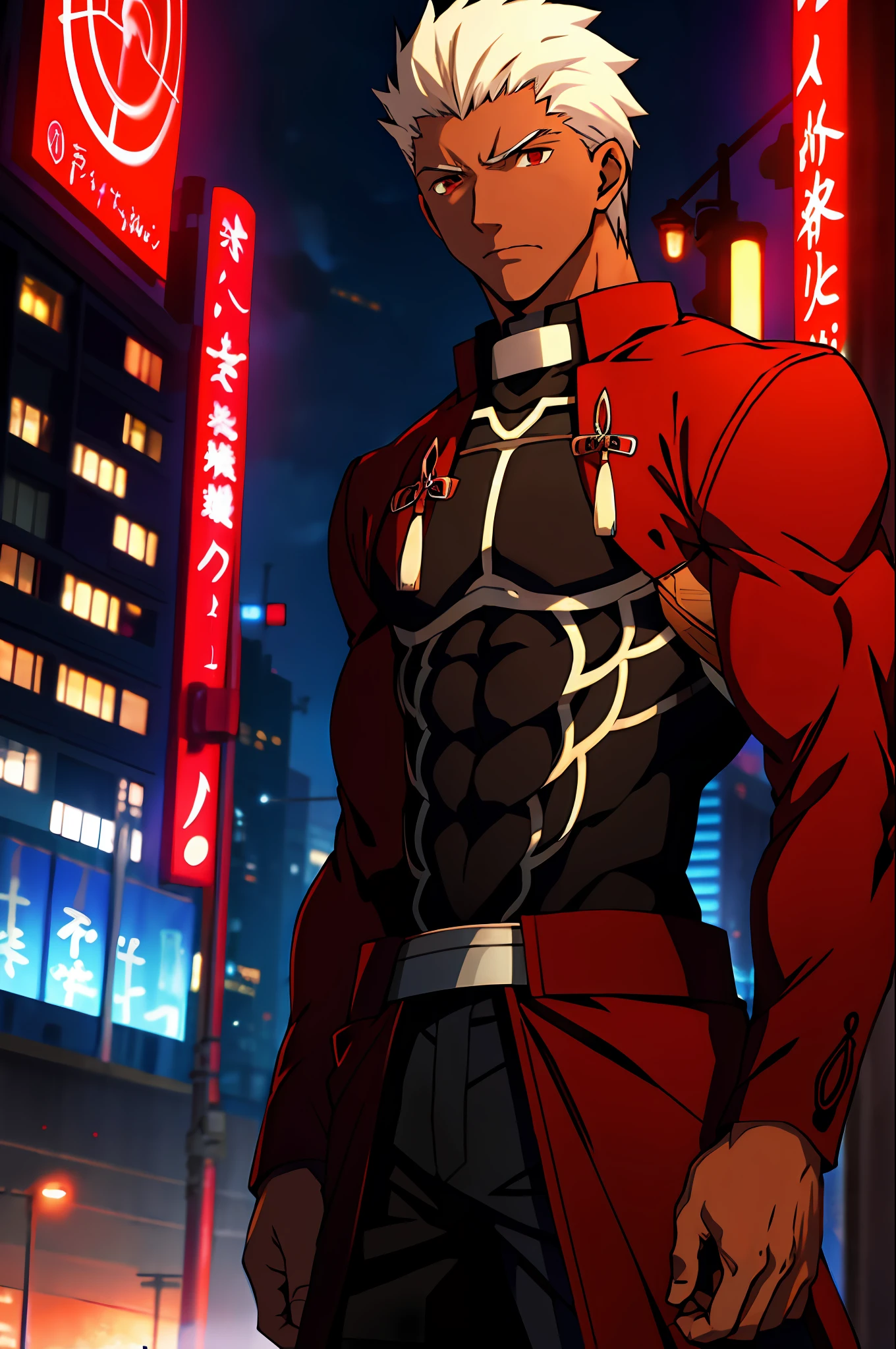 masterpiece, best quality, 1boy, solo, dark-skinned toned male, facing viewer, red eyes, ulra detailed, 8k, high res, (detailed manly face: 1.2), (anime: 1.3), fate unlimited blade works, award winning, anatomically correct, eye focus, (emiya /(archer/):1.2), (fate/unlimited blade works: 1.3), (anime style: 1.3), dark skin, fate anime style, red jacket, black shirt, covered abs, night city background, cinematic lighting,