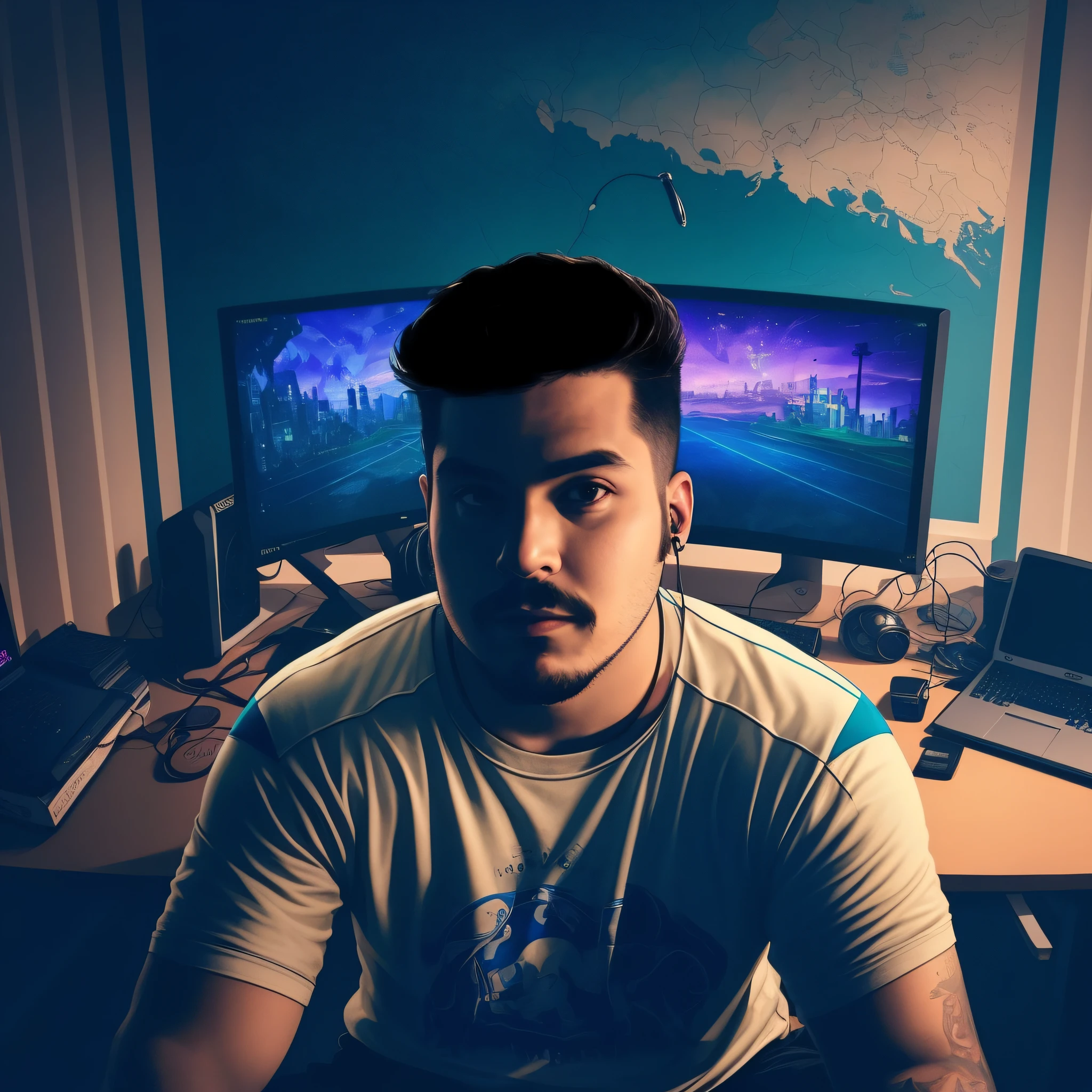 There's a man sitting at a desk with a computer and a monitor, Twitch Streamer/Gamer Ludwig, 1024px profile picture, NFT portrait, epic game portrait, fvckrender, Twitch streamer, front image, high quality portrait, Discord profile picture, gamer aesthetic, digital art.8k in style