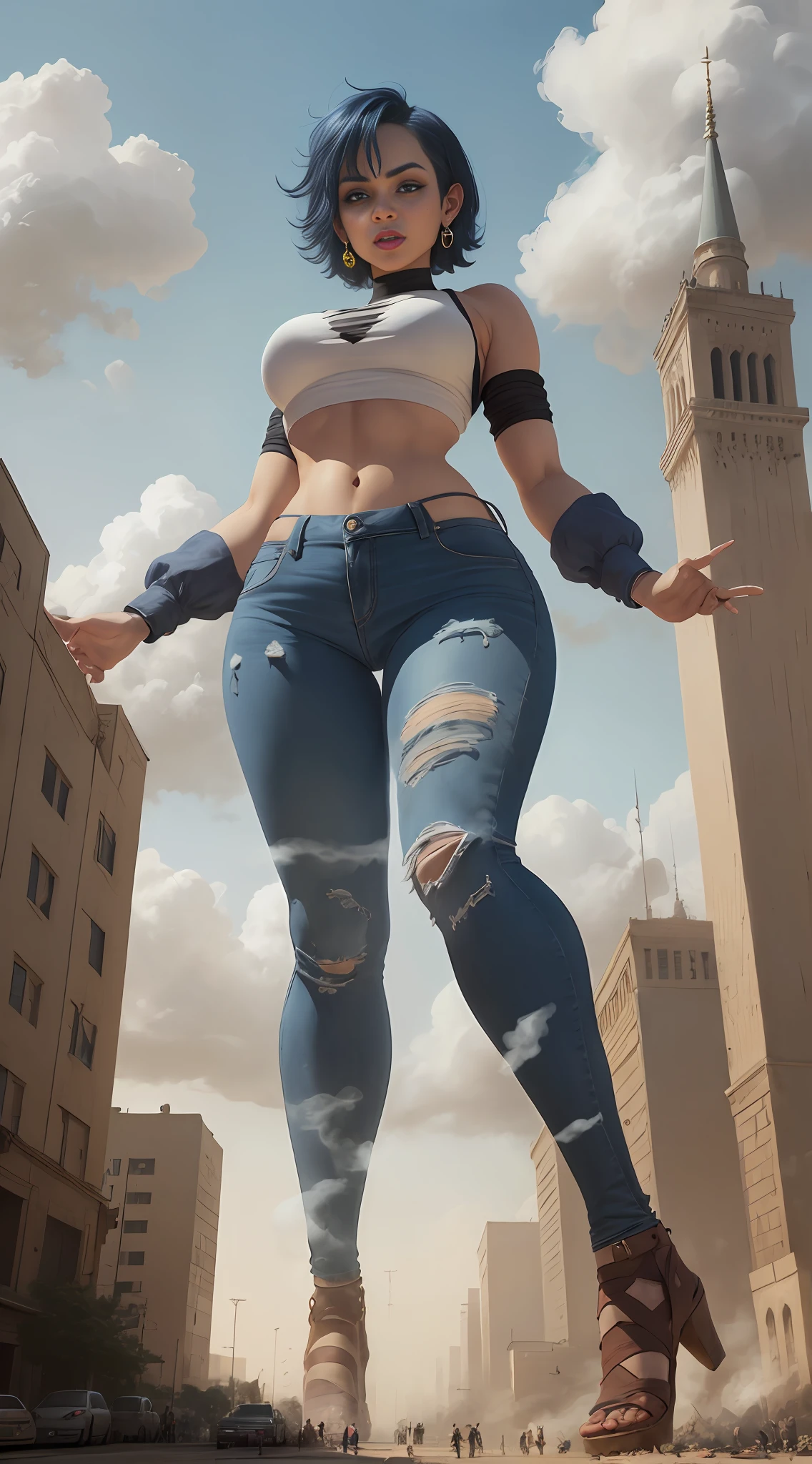 giantess art, giantess, crop top, jeans, hands raised, (laughing:0.7), frowned eyebrows, runied, middle eastern city, mosque, blue colored short hair, smoke, sandstorm, (((towering over you))), (full body), feminist, heavy makeup