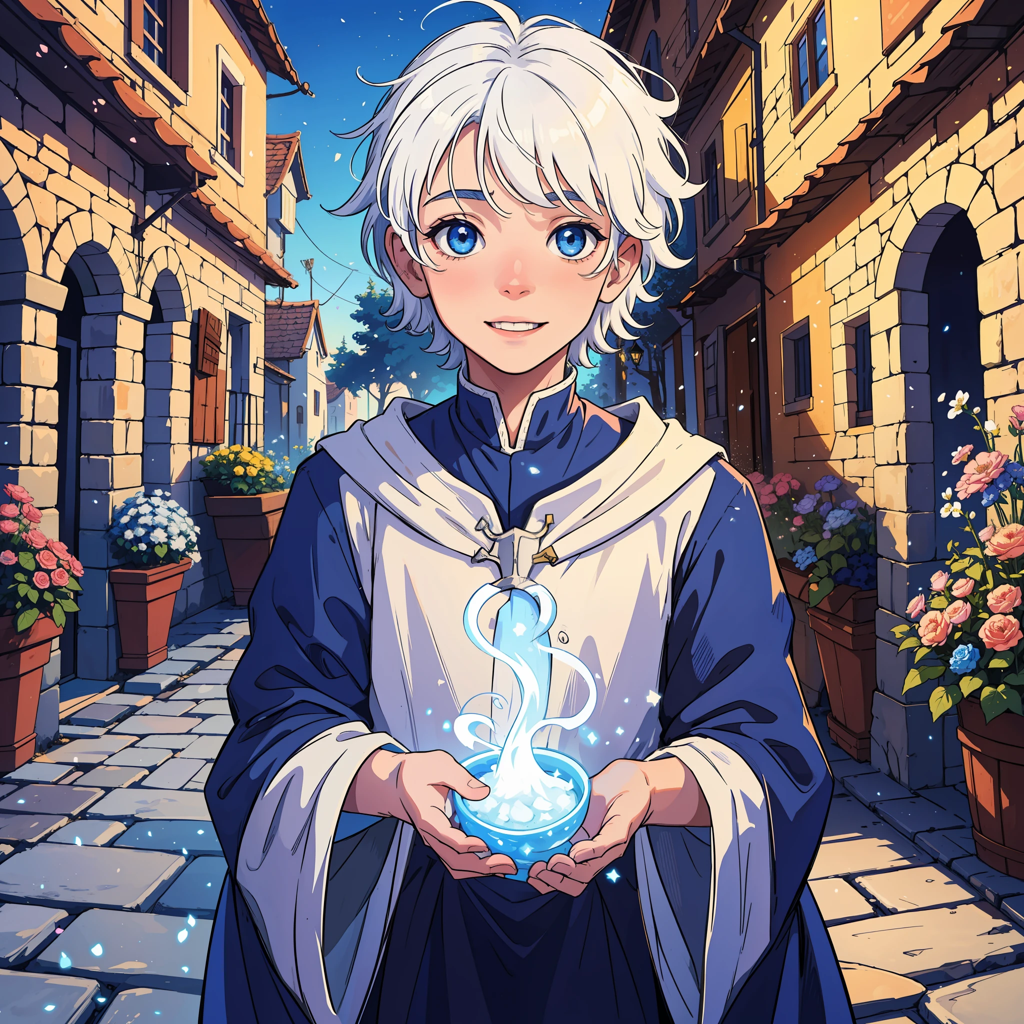A young child, happy-looking, innocent-looking boy, with white hair, with magic around his body, magical glow and magical lights, in the middle of a beautiful and happy medieval village, full of flowers and blue sky;