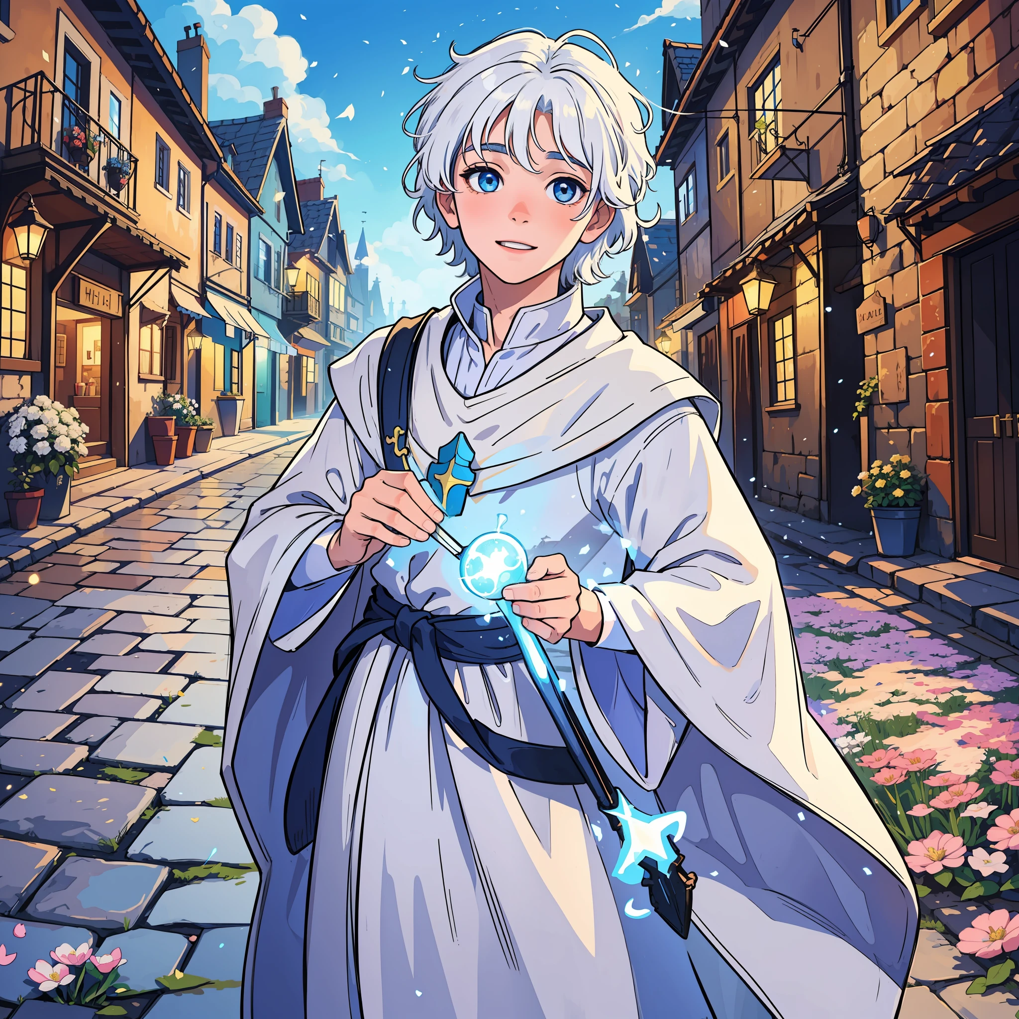 A , happy-looking, innocent-looking boy, with white hair, with magic around his body, magical glow and magical lights, in the middle of a beautiful and happy medieval village, full of flowers and blue sky;