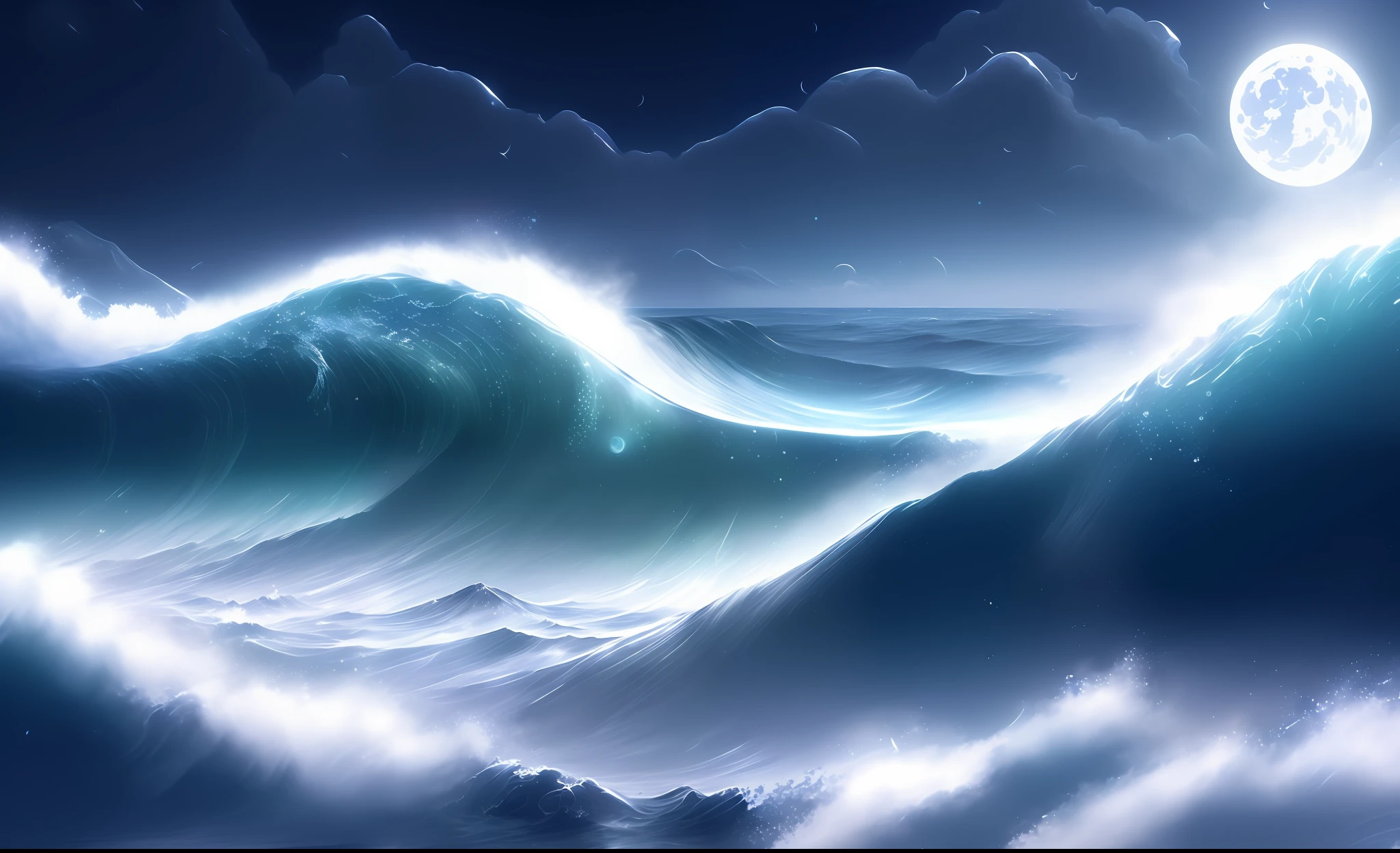 Masterpiece, best quality, (8k wallpaper of very detailed CG unit) (best quality), (best illustration), (best shadows) a silver sea wave, night, clear sky and starry full moon bright through the wave, silver droplets flying, (:1.6)