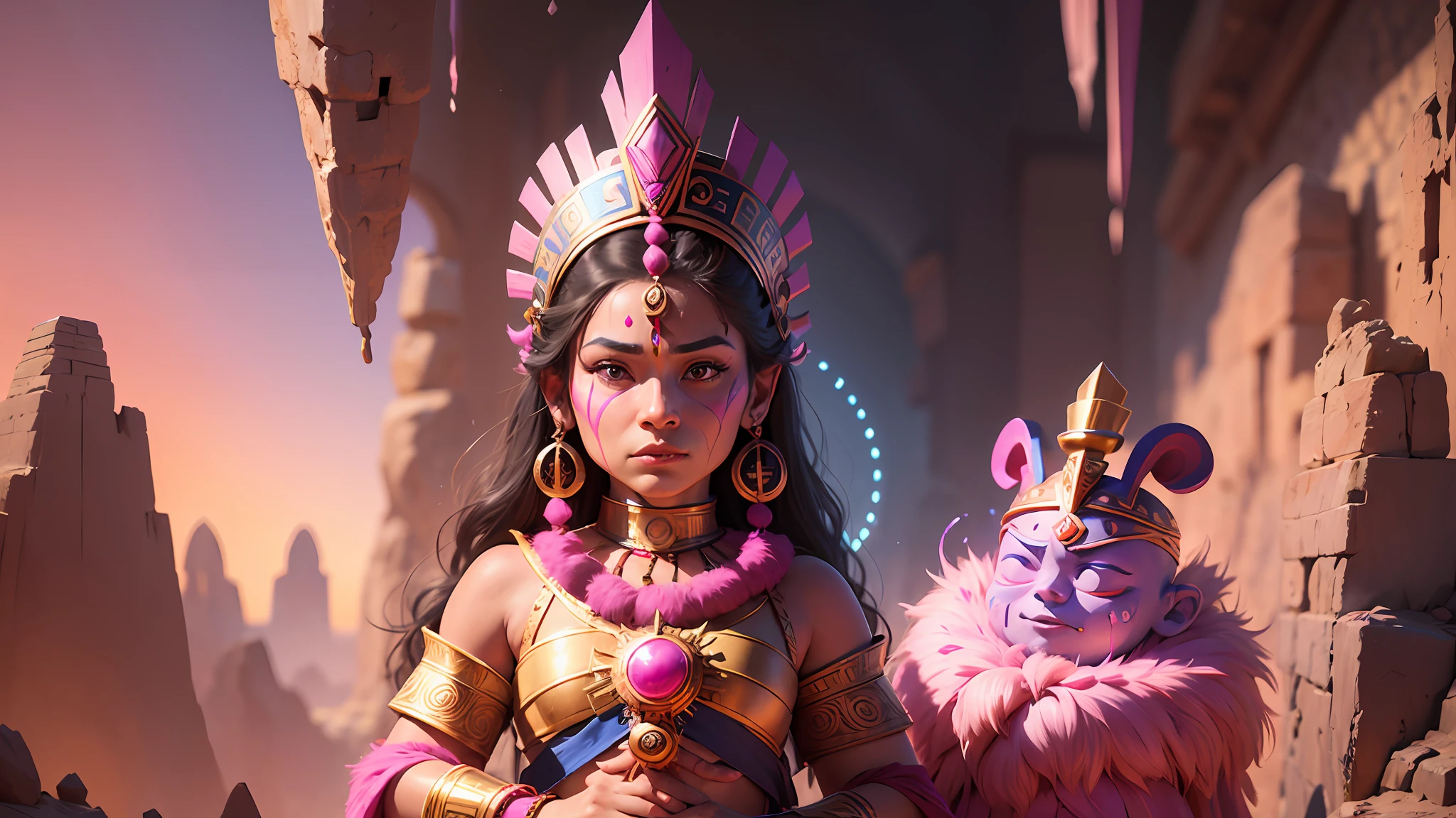 /imagine prompt:Mayan warrior talking to pharaoh egicpio a realistic and other drawing style from the 60s Disney, 8k, uhd fuji film >, intricate, Cyberpop, Goblincore, aerial view, Sketchfab, Soft focus, sprite sheet, hot pink magenta colors, Meatcore, Laser Show lighting, 64-bit --auto --s2