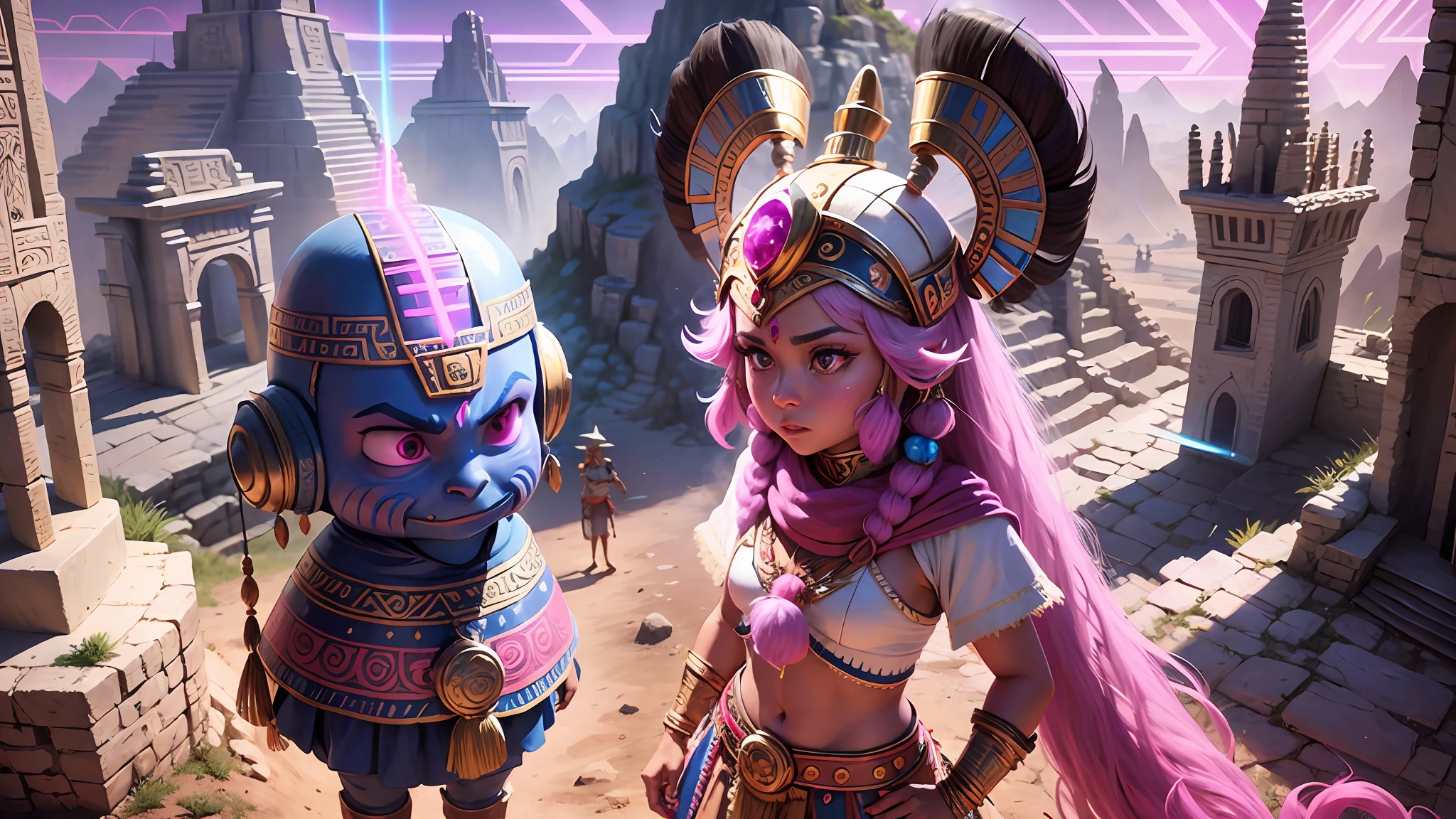 /imagine prompt:Mayan warrior talking to pharaoh egicpio a realistic and other drawing style from the 60s Disney, 8k, uhd fuji film >, intricate, Cyberpop, Goblincore, aerial view, Sketchfab, Soft focus, sprite sheet, hot pink magenta colors, Meatcore, Laser Show lighting, 64-bit --auto --s2