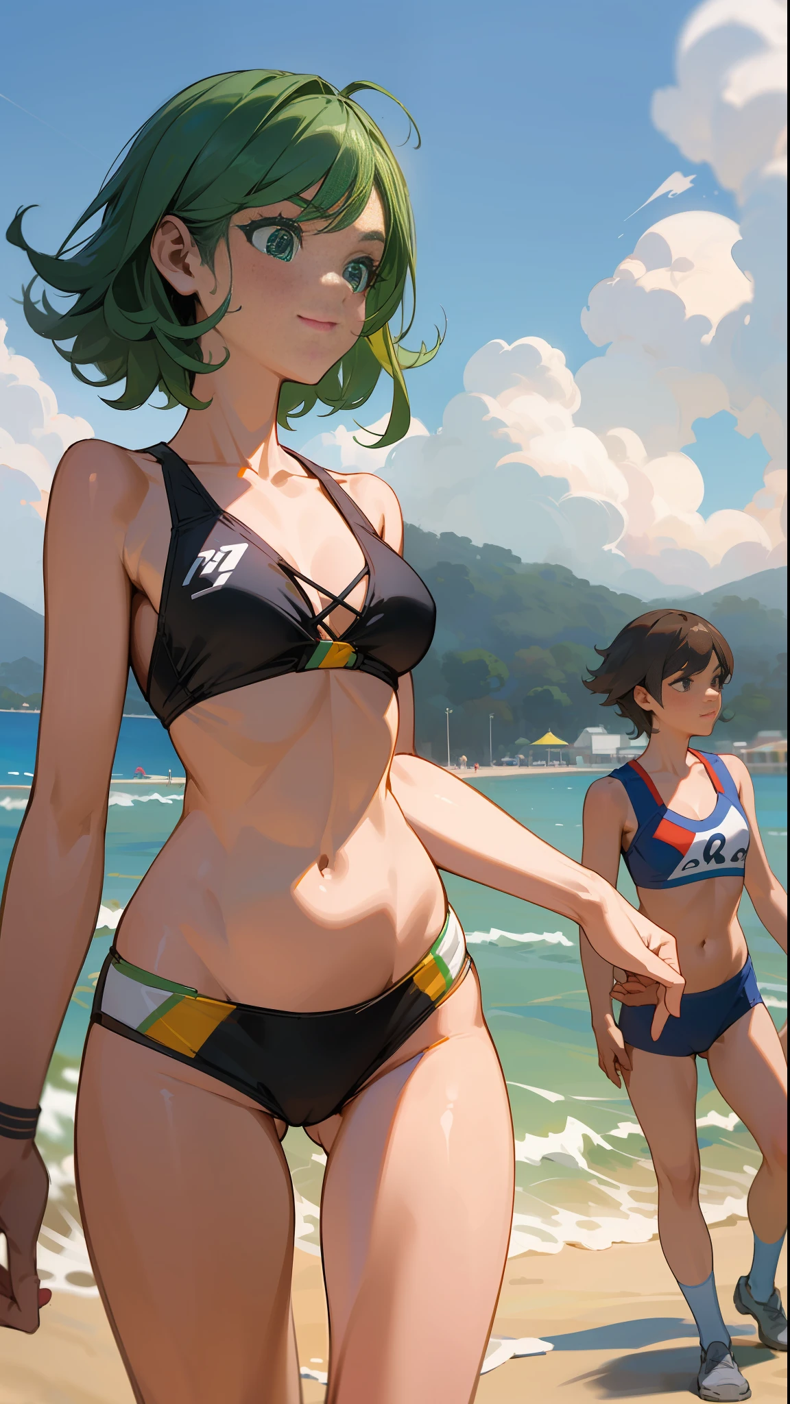 (8K resolution, best quality, Ray Tracing rendering optimization), 1girl, small breasts, In Rio de Janeiro, Brazil, a young Brazilian girl, with fair skin, short hair, 1tatsumaki, tatsumaki, is enjoying a sunny day. She walks along Copacabana beach, feeling the soft sand beneath her feet. With a smile on her face, she approaches a group of friends playing footvolley and joins them. With skill and agility, she jumps and kicks the ball deftly, showing her passion for the sport. Her friends applaud her, and together they continue to have fun on the beach, enjoying the vibrant and relaxed atmosphere of Rio de Janeiro.