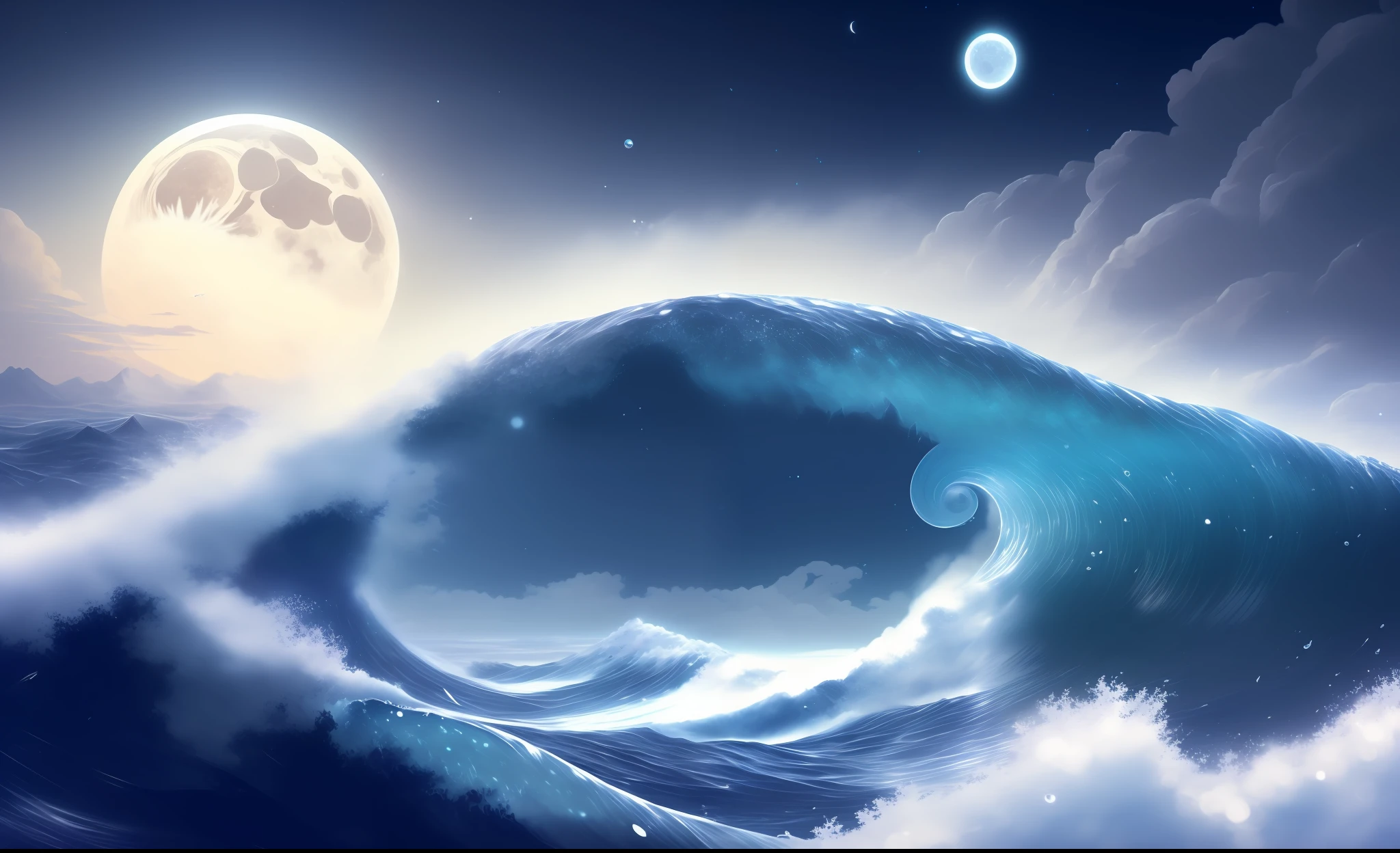 Masterpiece, best quality, (8k wallpaper of very detailed CG unit) (best quality), (best illustration), (best shadows) a silver sea wave, night, clear sky and starry full moon bright through the wave, silver droplets flying, (:1.6)