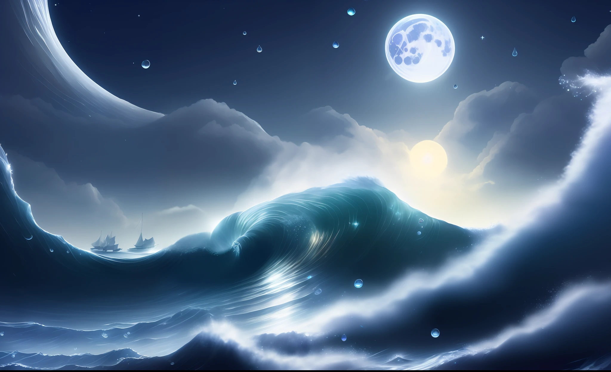 Masterpiece, best quality, (8k wallpaper of very detailed CG unit) (best quality), (best illustration), (best shadows) a silver sea wave, night, clear sky and starry full moon bright through the wave, silver droplets flying, (:1.6)