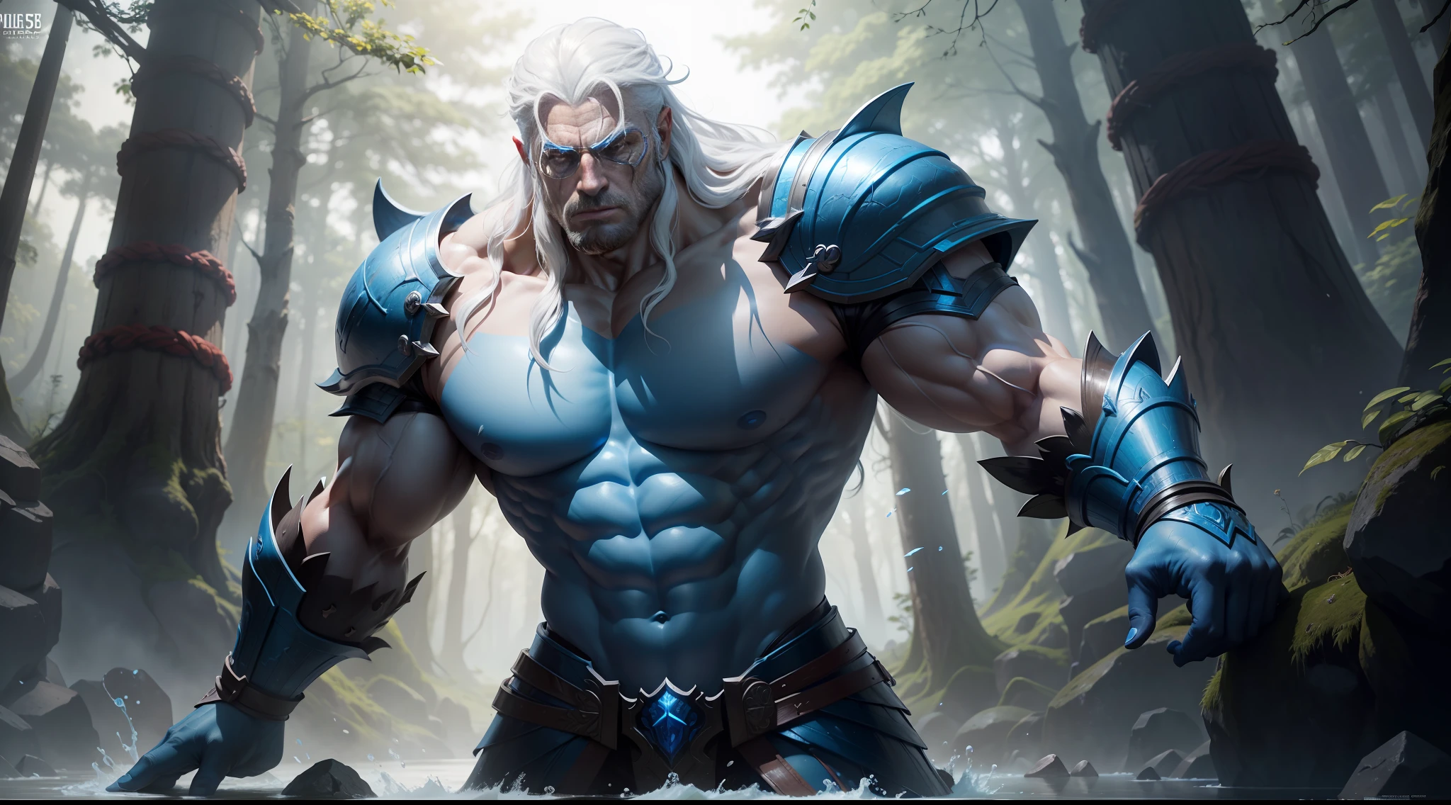 a muscular mythological being extremely strong, blue translucent skin, red eyes, long white hair, wearing water armor, powerful, able to control nature, around which trees emerging impacting the ground with magic, unreal engine 5, keyshot, octane, artstation trending, ultra high detail, ultra realistic, cinematic,16k