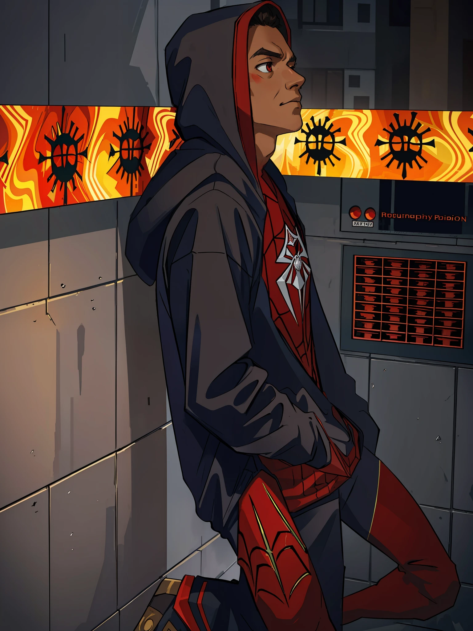 (masterpiece, best quality), intricate details, 8k, artstation, wallpaper, official art, splash art, sharp focus, red eyes, hood, brown skin
spider suit, spider web printing, spider web,
skyscrapers, city, buildings, cars, street, focus on boy