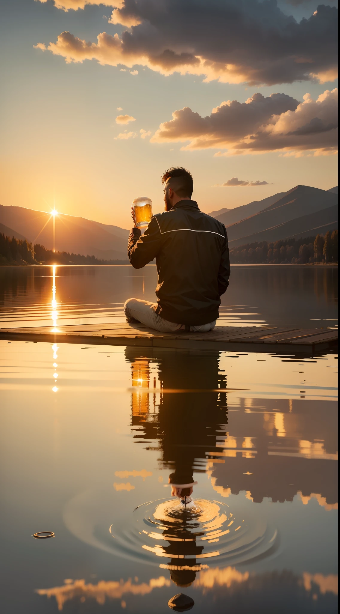 a man drinking beer on the edge of a lake, sun setting