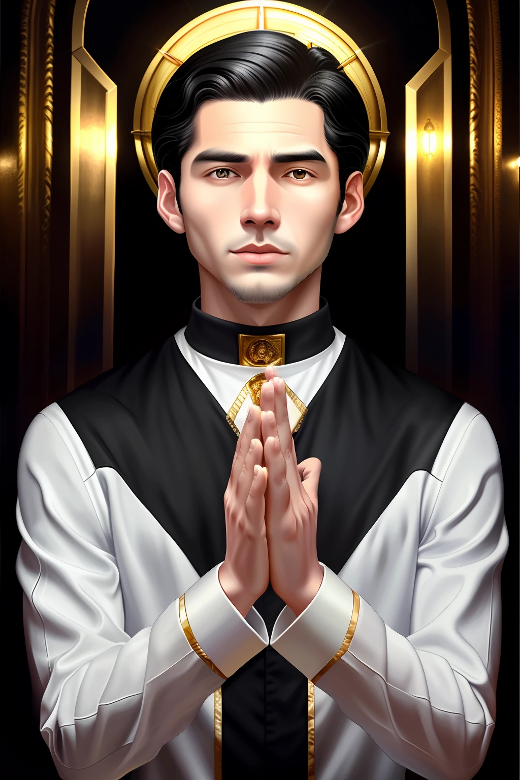 realistic style young man, 32 years old, with black hair, white skin, no beard, smooth face, hands saying a prayer 1,1