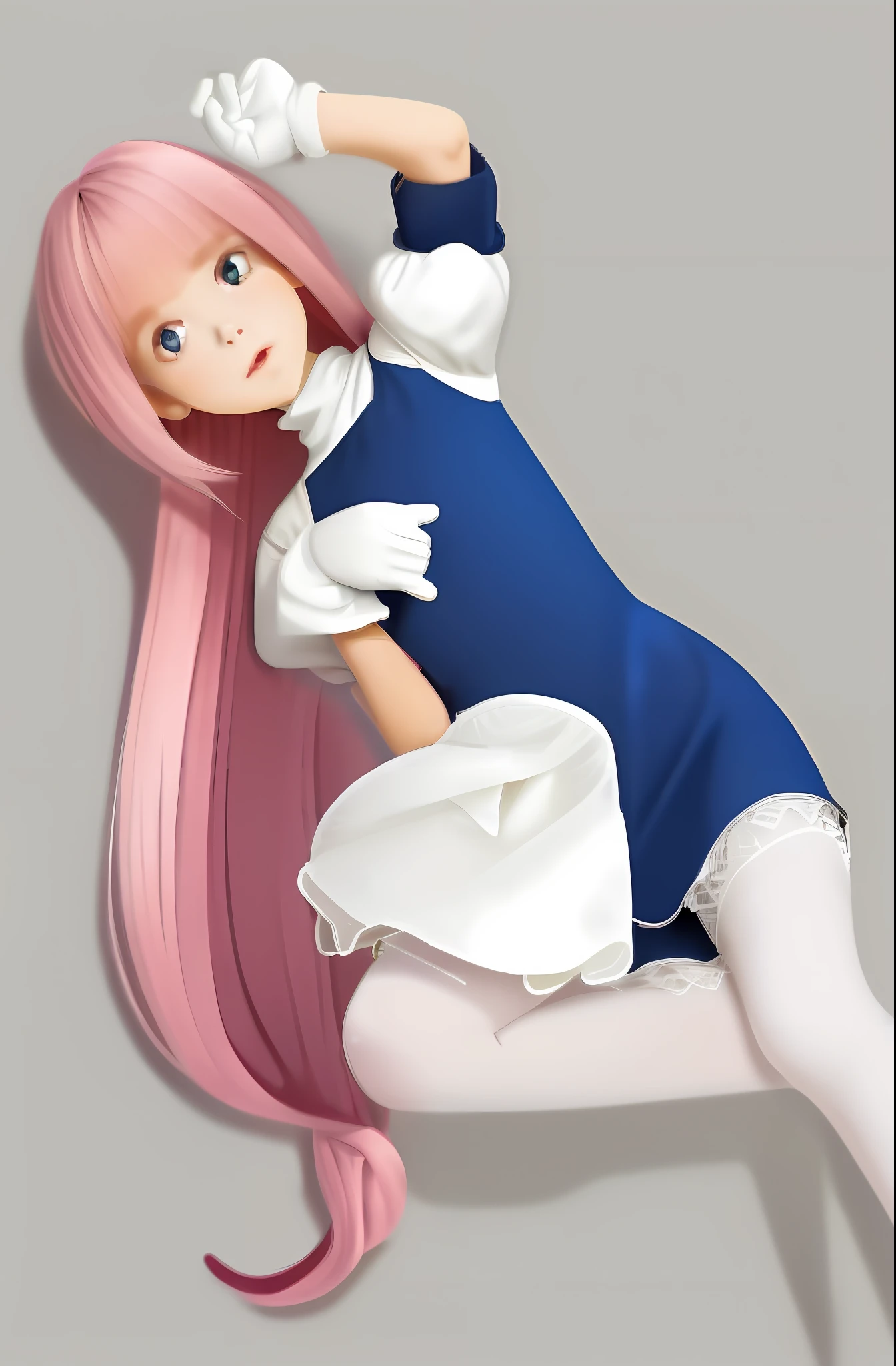 Girl child long pink hair up to foot, dark strong blue eye, navy blue short dress turtleneck and long sleeve,white lace short/panties,white pantyhose,yellow shoe/sneaker,childish body,skinny,gleaming white skin,floating,her flowing hair,she has small pink lips, rosy cheeks, small pink nose, white gloves, Flowing short dress