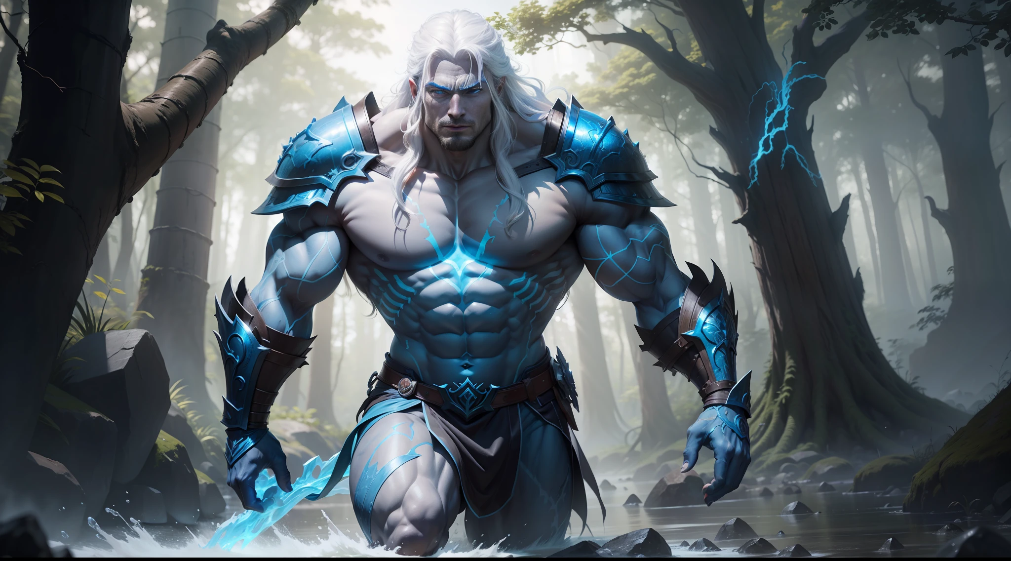a muscular mythological being extremely strong, blue translucent skin, red eyes, long white hair, wearing water armor, powerful, able to control nature, around which trees emerging impacting the ground with magic, unreal engine 5, keyshot, octane, artstation trending, ultra high detail, ultra realistic, cinematic,16k