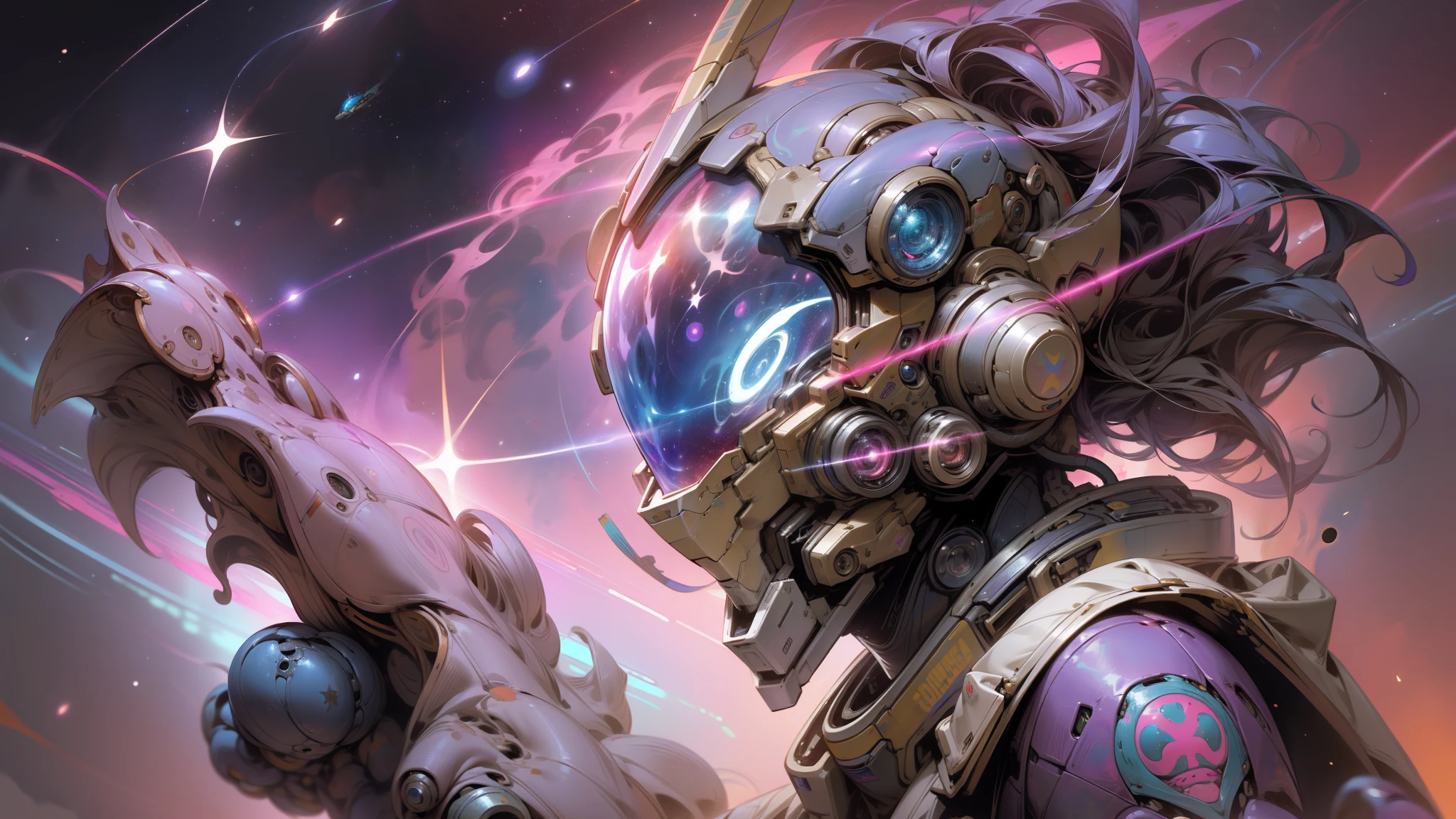 An intergalactic warrior chameleon in space flight suits, floating in the void of outer space, with colorful stars and nebulae in the background, holding a mysterious technological device, conveying a sense of solitude and exploration in the vast cosmos, Painting, airbrushing technique on canvas, vibrant light effects, --auto --s2