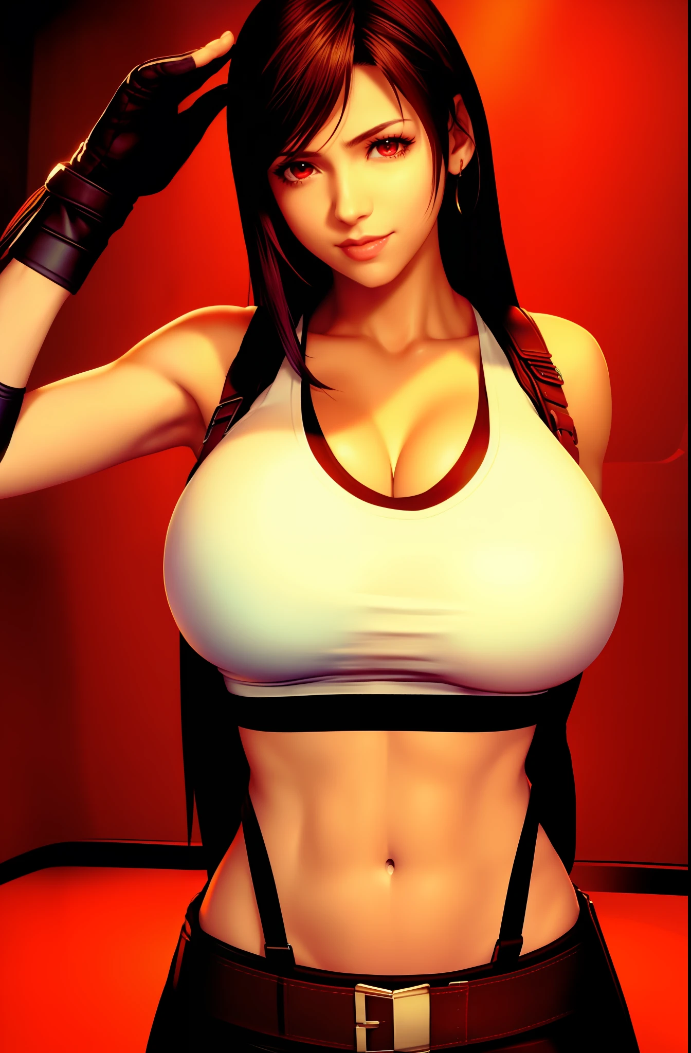 ff7r style,
tifa lockhart, 1girl, thick lips, arm up, armpits, artist name, belt, black hair, breasts, red eyes, cleavage, closed mouth, collarbone, cowboy shot, crop top, earrings, elbow gloves, elbow pads, gloves, jewelry, large breasts, lips, long hair, low-tied long hair, midriff, navel, indoors, skirt, smile, solo, stomach, suspenders, (white tank top), upper body, ((masterpiece)) (huge breasts:1.3)