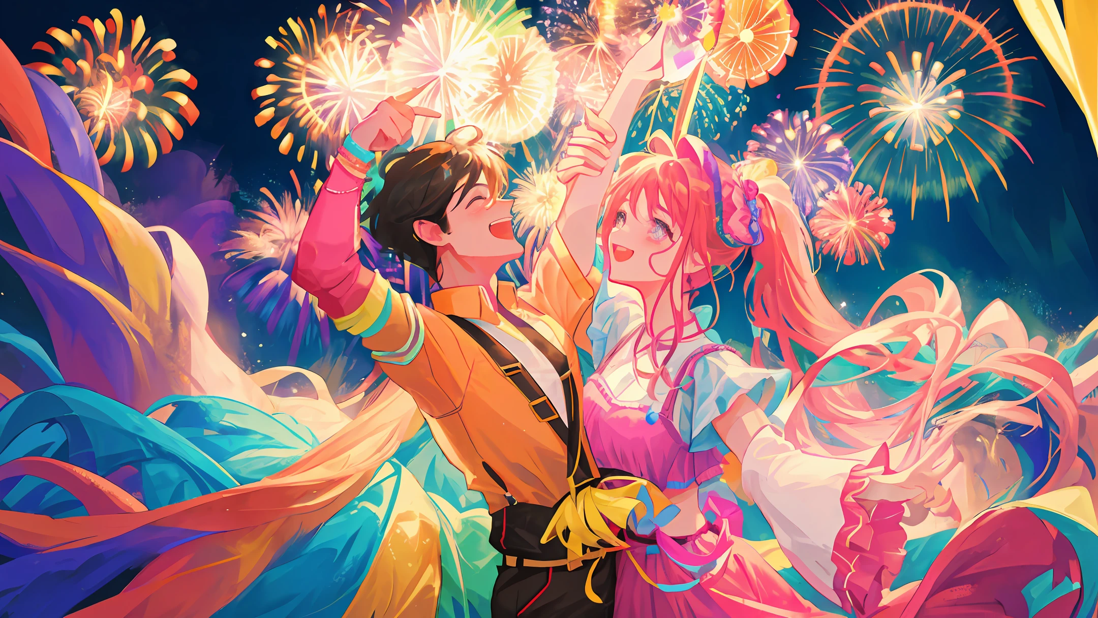 Image/A vibrant and energetic celebration scene! The image showcases a birthday party in full swing, with people dancing and laughing to upbeat music. Twinkling lights illuminate the dance floor, and a burst of fireworks fills the sky, creating a dazzling spectacle to celebrate someone special's birthday