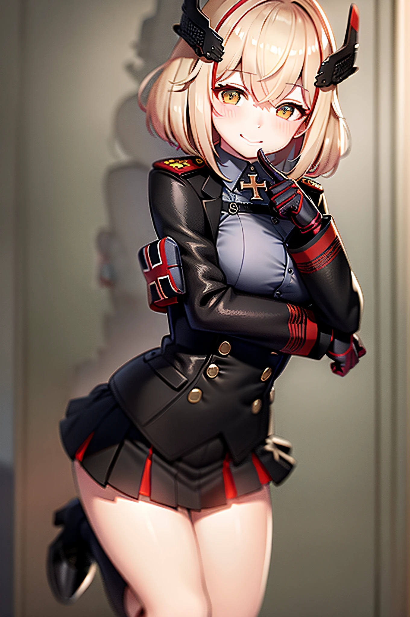masterpiece, best quality, RoonV4, 1girl, solo, looking at viewer, smile, skirt, shirt, gloves, long sleeves, closed mouth, standing, jacket, upperbody, sidelocks, pleated skirt, boots, black gloves, collared shirt, miniskirt, black skirt, black footwear, black jacket, buttons, headgear, knee boots, cross, armband, grey shirt, cropped jacket, iron cross,
