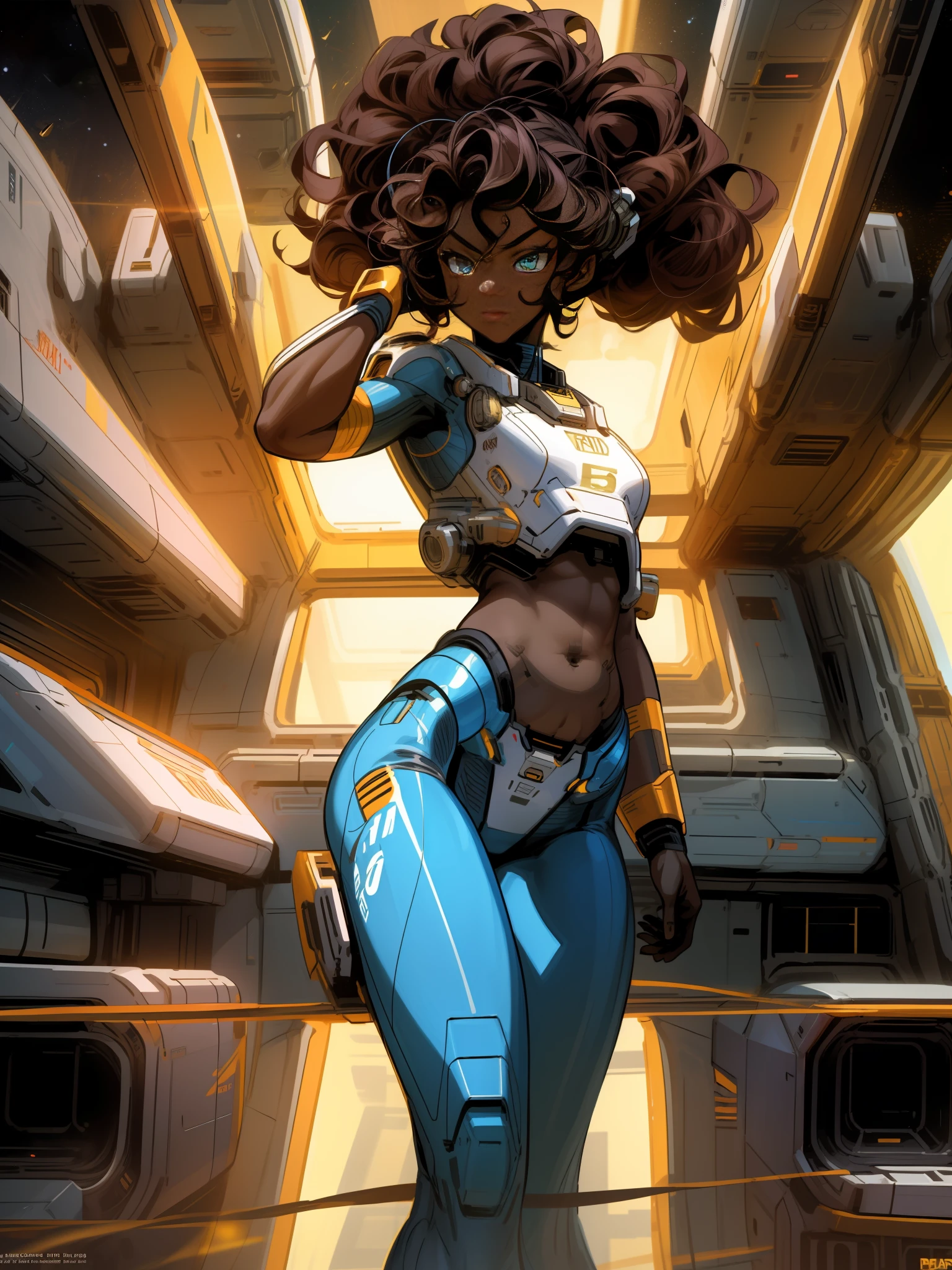 high quality shaded illustration, Comics style drawing, best quality, high resolution, 8k wallpaper, extremely detailed, ((a beautiful 25-year-old black woman, black skin, athletic body, showing belly, beautiful face, symmetrical eyes, curly hair tied up)), ((sci-fi, piloting a spaceship)), serious look, cinematic lighting, dramatic lighting, artstation, digital painting, sharp focus, Golden proportion, well drawn, comic book style, drawing colored lines