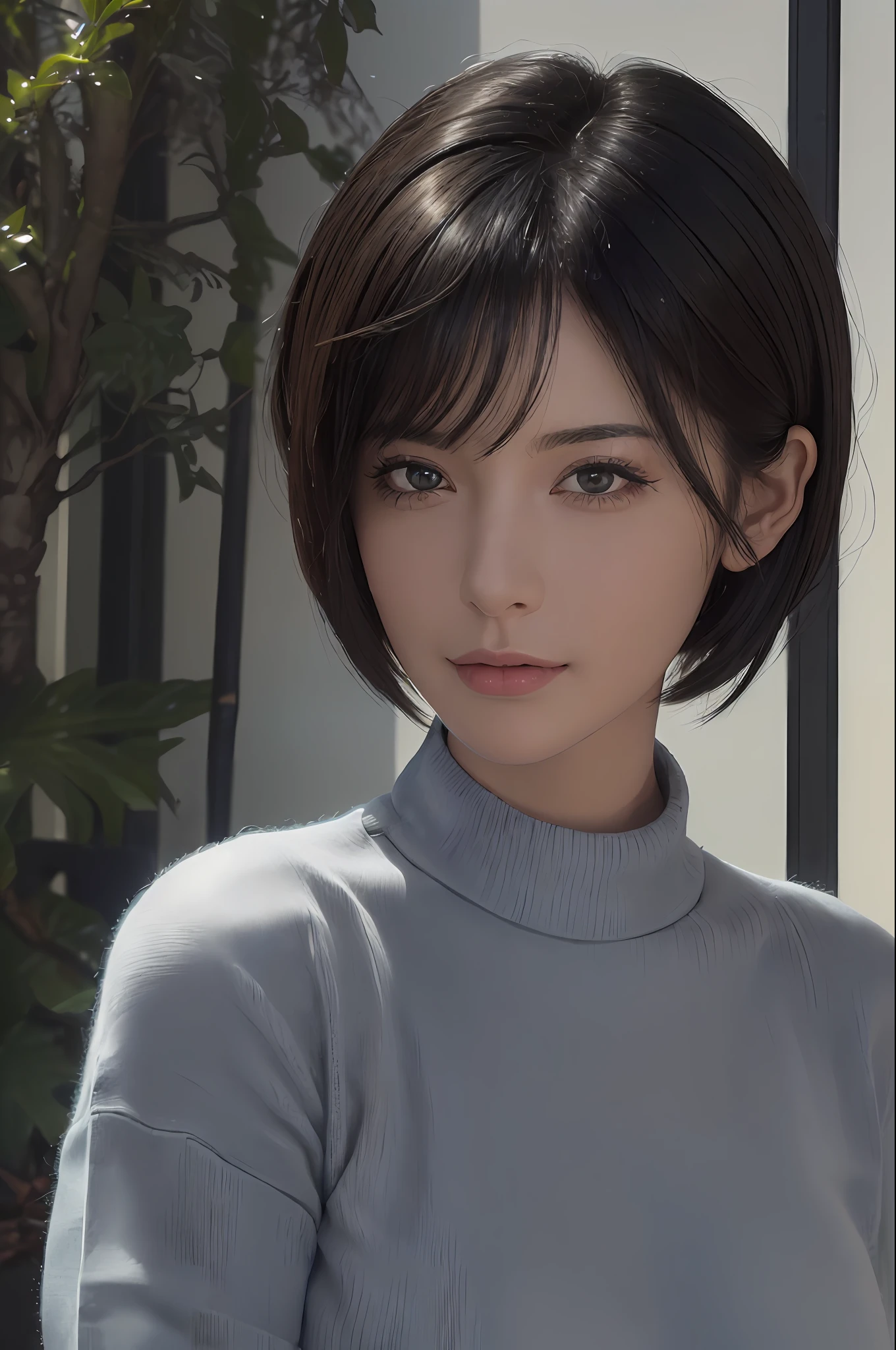 (masterpiece:1.3), (8k, photorealistic, RAW photo, best quality: 1.4), (1girl), beautiful face, (realistic face), (black hair, short hair:1.3), beautiful hairstyle, realistic eyes, beautiful detailed eyes, (realistic skin), beautiful skin, (sweater), absurdres, attractive, ultra high res, ultra realistic, highly detailed, golden ratio