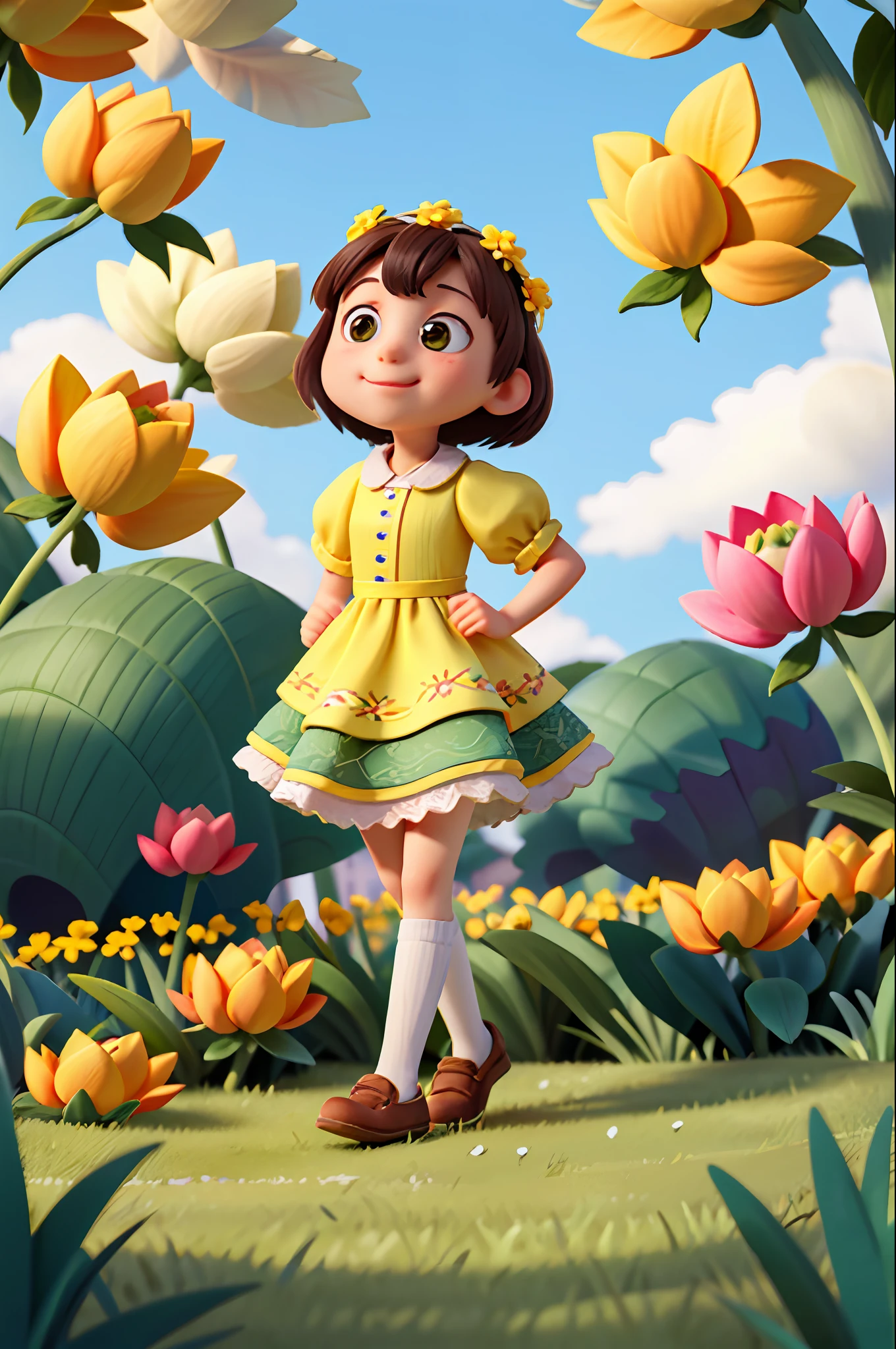 An incredibly charming ***********, enjoying a beautiful spring walk surrounded by beautiful yellow flowers and natural landscapes. The illustration is in high definition in 4k resolution, with highly detailed facial features and cartoon-style visuals.