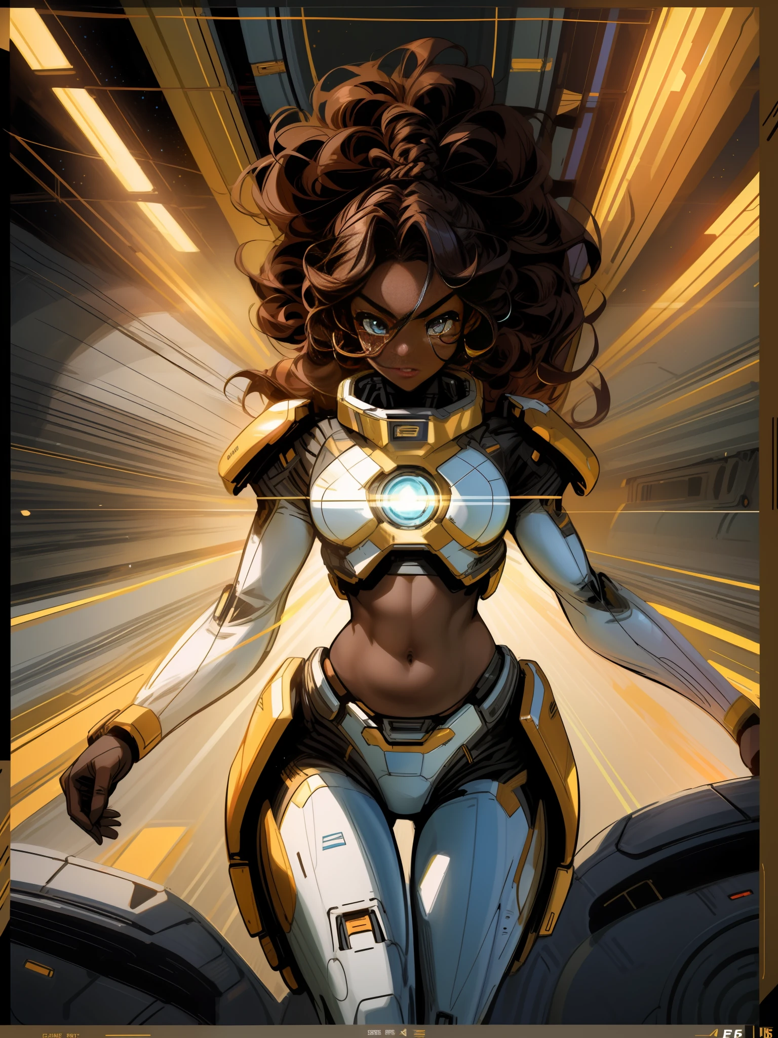 high quality shaded illustration, Comics style drawing, best quality, high resolution, 8k wallpaper, extremely detailed, ((a beautiful 25-year-old black woman, black skin, athletic body, showing belly, beautiful face, symmetrical eyes, curly hair tied up)), ((sci-fi, piloting a spaceship)), serious look, cinematic lighting, dramatic lighting, artstation, digital painting, sharp focus, Golden proportion, well drawn, comic book style, drawing colored lines
