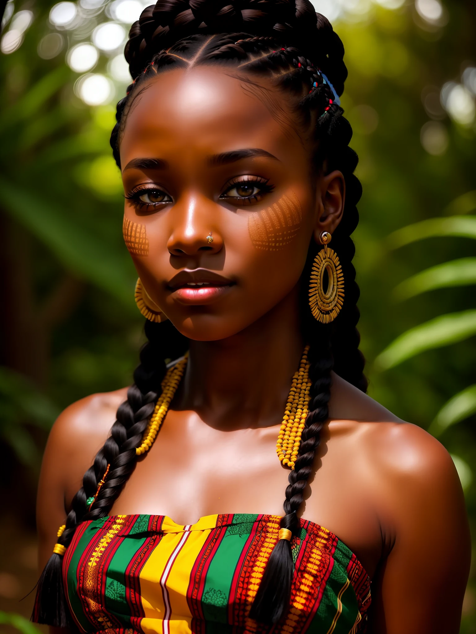 ((best quality)), ((masterpiece)), young african woman, backlight, nature, tribal dress, braids, photography, RAW photo, dslr, (highly detailed skin: 1.2), uhd, 8k, realism, pov, full body, perfect face