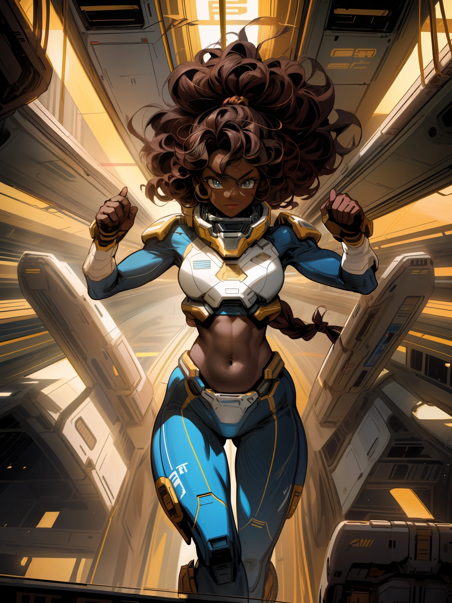 high quality shaded illustration, Comics style drawing, best quality, high resolution, 8k wallpaper, extremely detailed, ((a beautiful 25-year-old black woman, black skin, athletic body, showing belly, beautiful face, symmetrical eyes, curly hair tied up)), ((sci-fi, piloting a spaceship)), serious look, cinematic lighting, dramatic lighting, artstation, digital painting, sharp focus,  Golden proportion, well drawn, comic book style, drawing colored lines