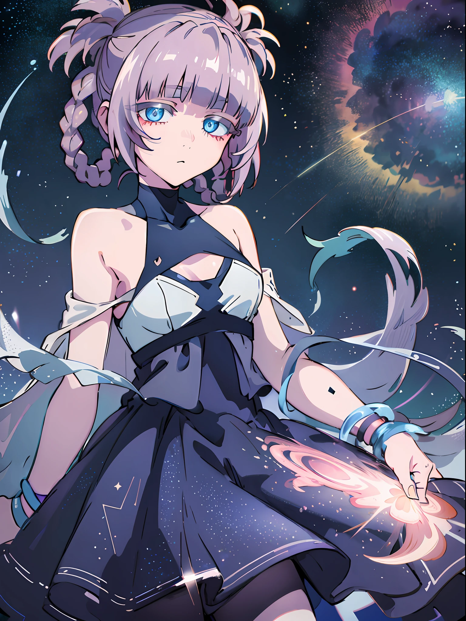 (masterpiece), (best quality), (ultra detailed), nazuna, air braids, blue eyes, fluid colors, starry sky, night, whole body