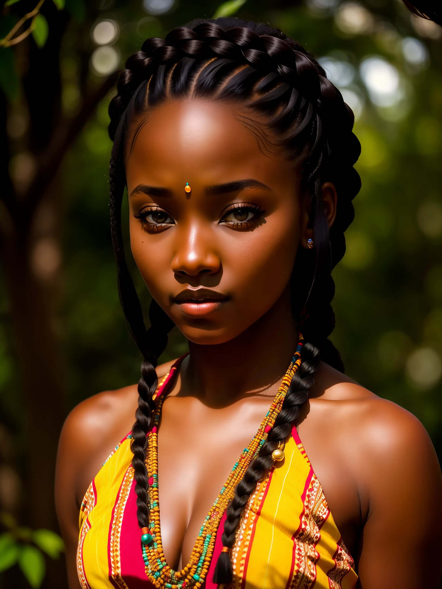 ((best quality)), ((masterpiece)), young african woman, backlight, nature, tribal dress, braids, photography, RAW photo, dslr, (highly detailed skin: 1.2), uhd, 8k, realism, pov, full body, perfect face
