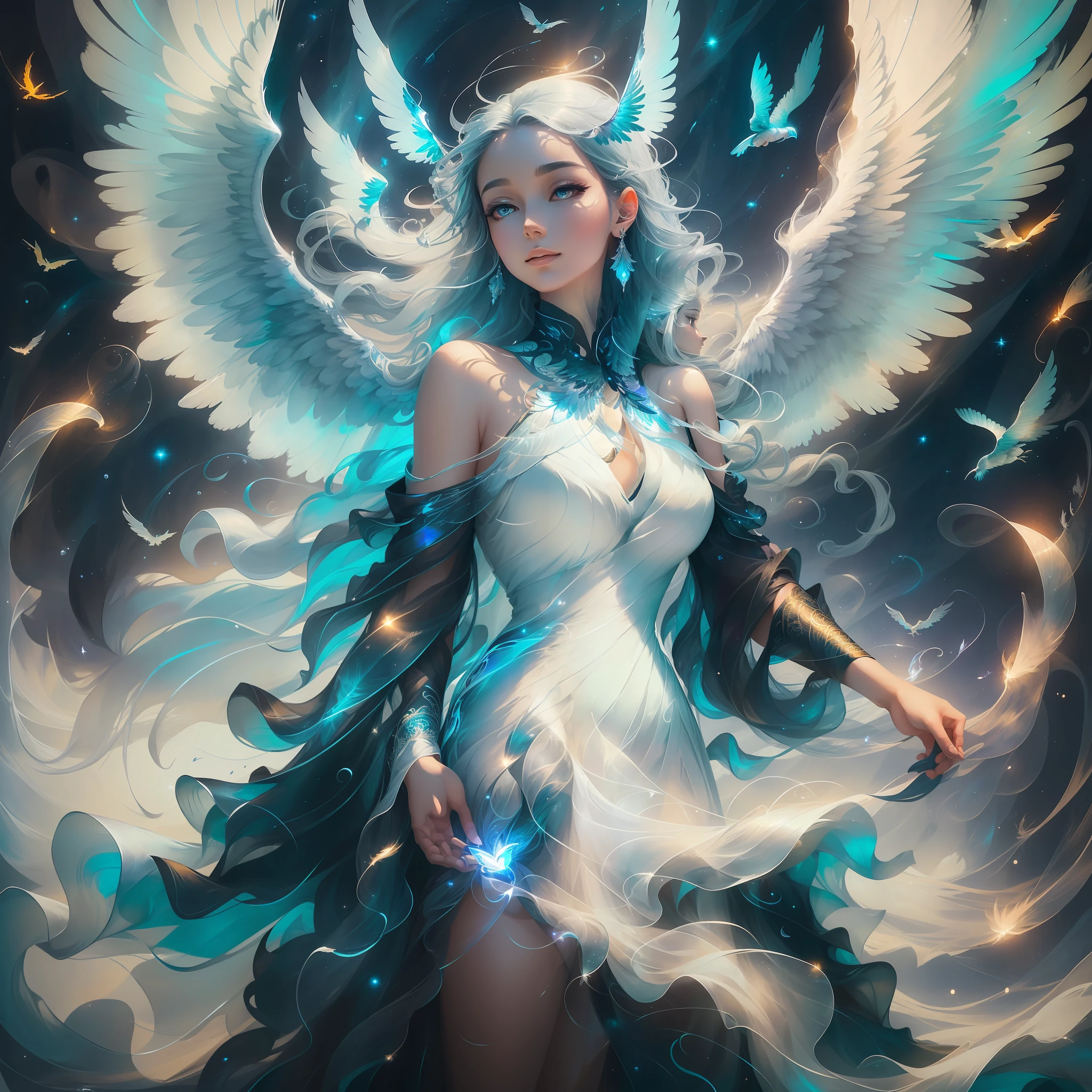 A striking figure emerges from the imagination, depicting a woman flying in the dark sky as the ocean ripples on her body and her wings outstretched. She is the embodiment of duality, with her radiant body shining in a mesmerizing contrast of clarity and darkness.
The woman, with long flowing hair and a flowing dress, is in a graceful and powerful flight. Their wings extend majestically framed by iridescent feathers that capture light in a magical way. As she moves through the dark sky, her wings glow with shades of blue, green and silver, radiating a celestial glow that illuminates the environment around her.