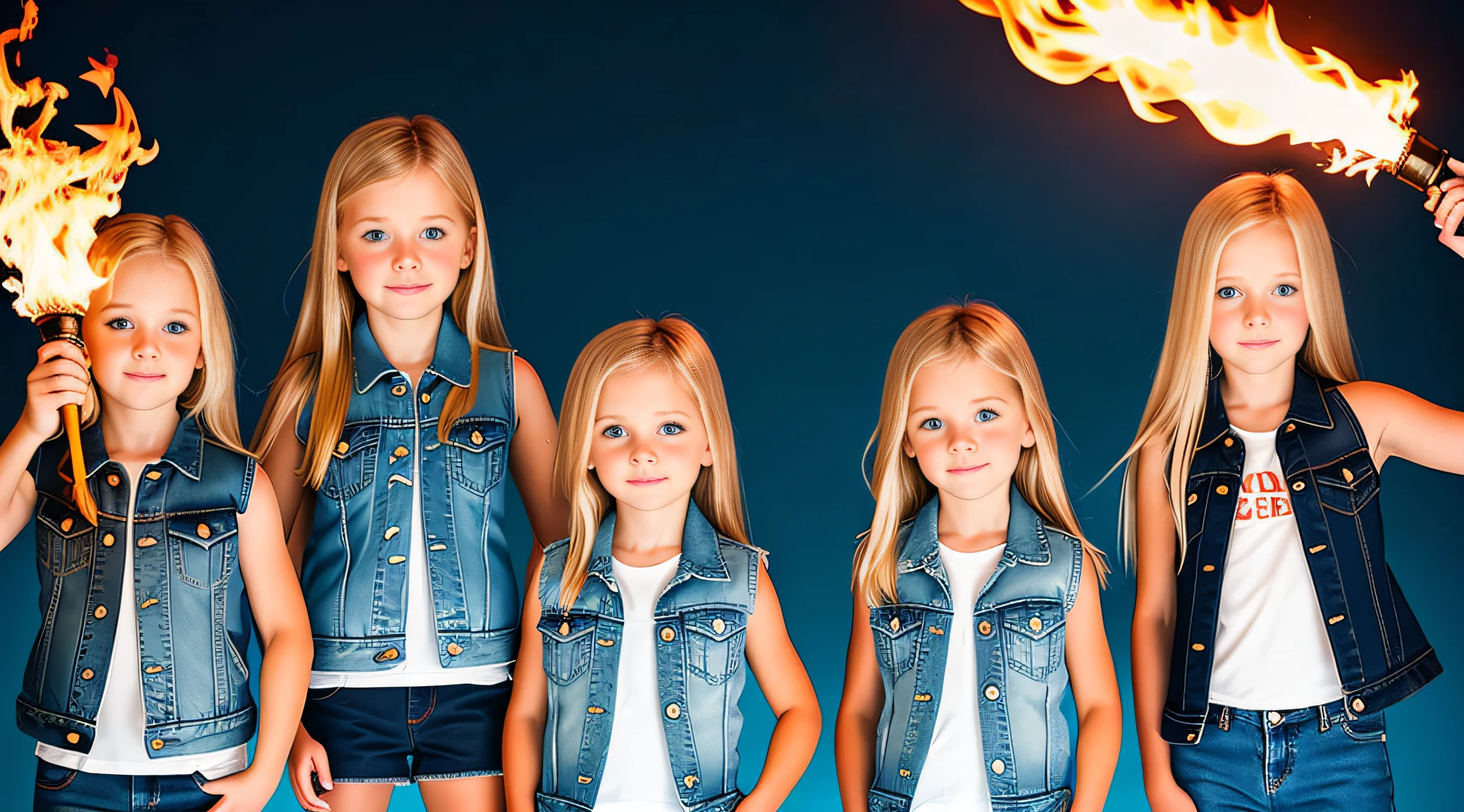 girls blonde ren WITH STRAIGHT HAIR, WITH FIRE TORCHES IN HAND, BLUE BACKGROUND. SLEEVELESS DENIM JACKET.