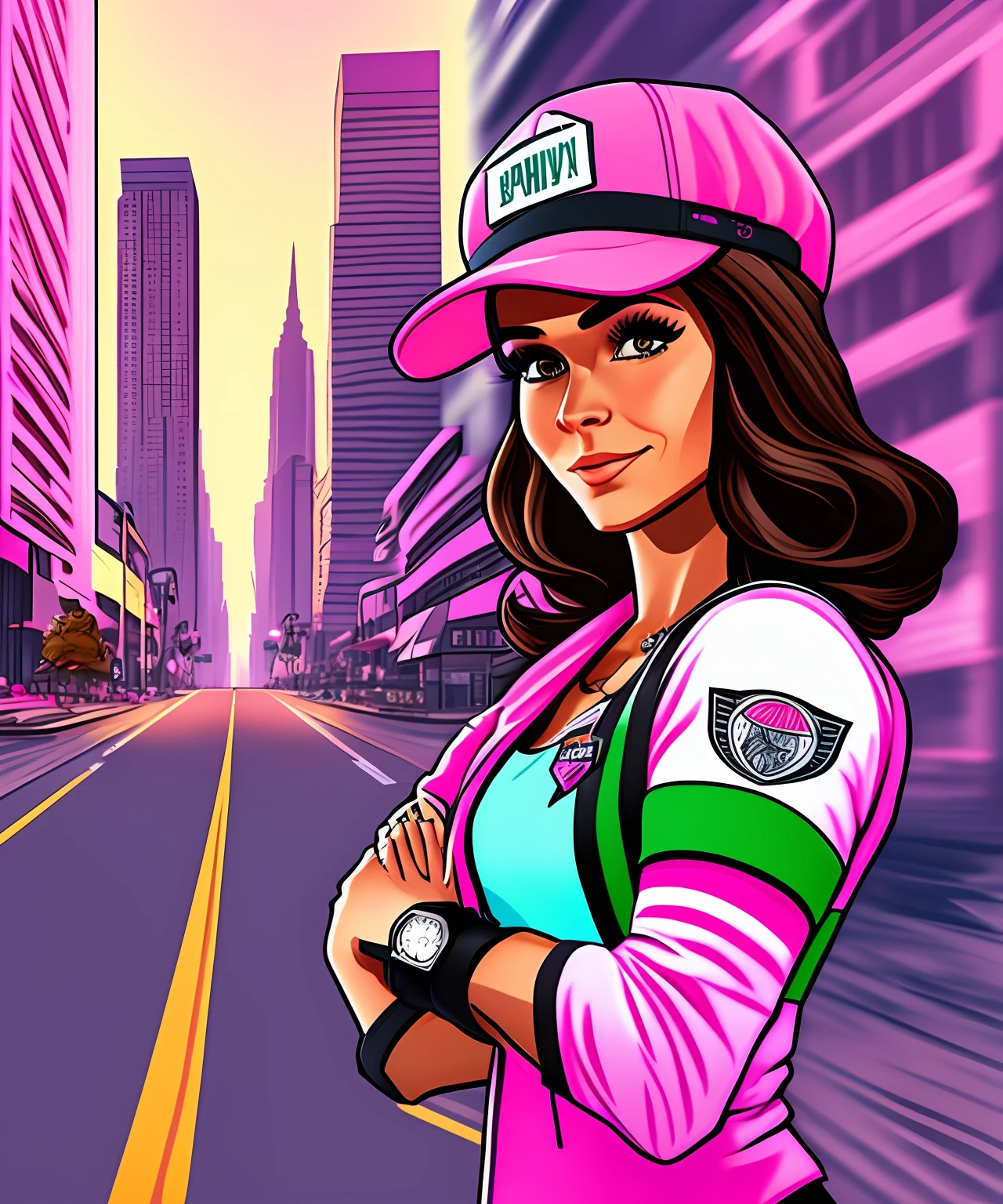 I want a fivem cartoon of female brunette brown hair, with pink cap in 8k with background with the city of GTA --auto --s2