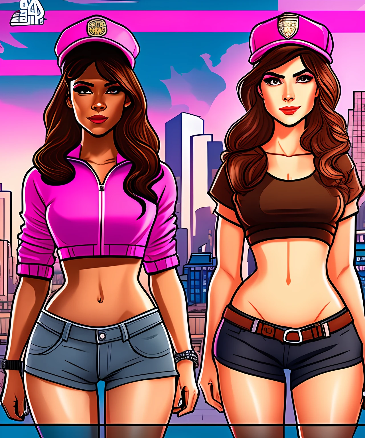 I want a fivem cartoon of female brunette brown hair, with pink cap in 8k with background with the city of GTA --auto --s2