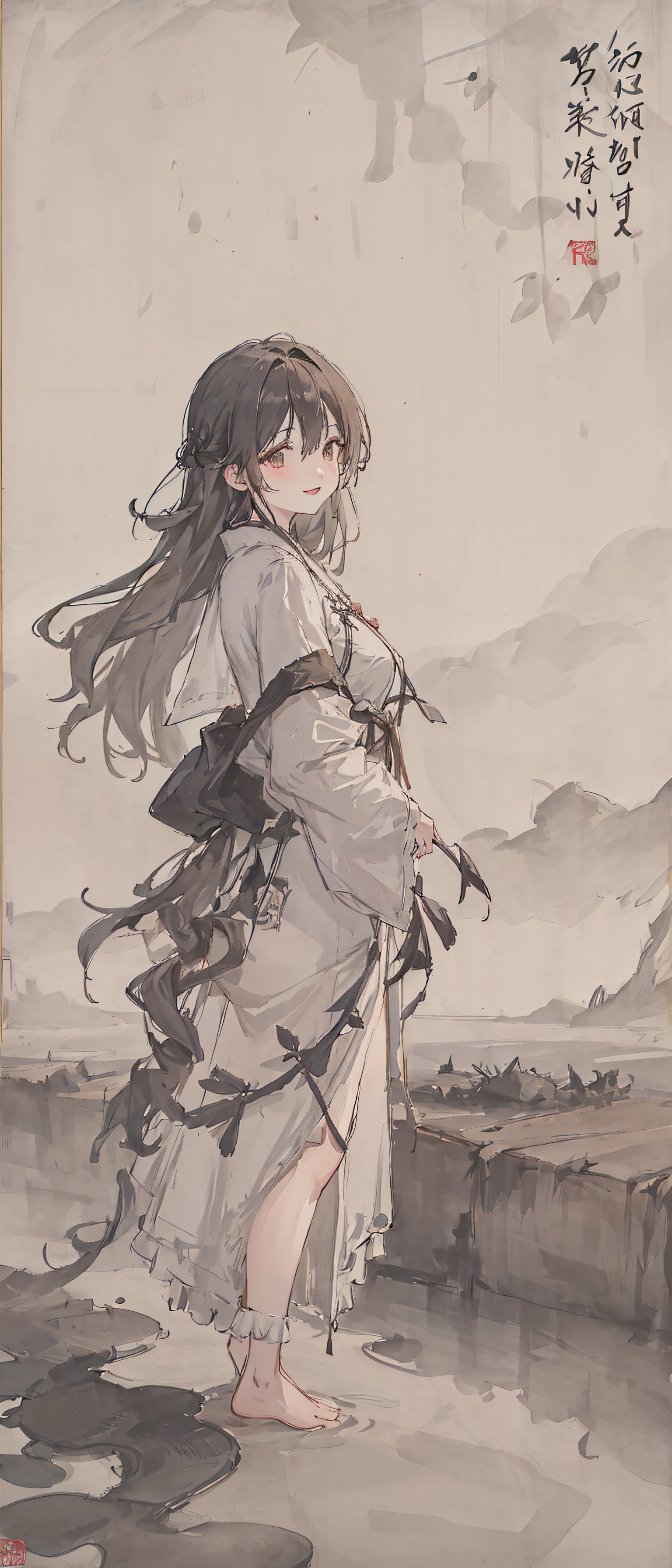 ((4k,masterpiece,best quality)), shuimobysim, traditional chinese ink painting, lotus, hanfu, maxiskit, dress conservatively
1girl, solo, long blue hair, smile, standing, feet in the water, barefoot,