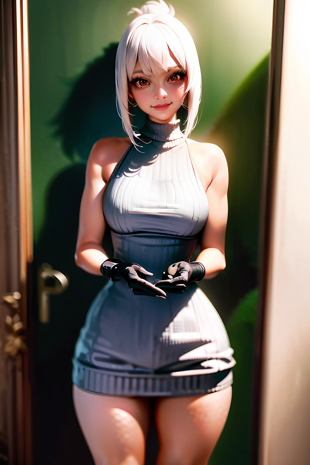 full body, white hair, ((Dragoon:1.2)) ,blunt bang,, masterpiece,best quality,official art,extremely detailed CG unity 8k wallpaper,1girl, ultra high res, (photorealistic:1.4), golden hour lighting, sweater dress,(upper body), (aegyo sal:1), (platinum short hair:0.8), ((puffy eyes)), looking at viewer, facing front, smiling, laughing,medium breasts, shirtlift, gloves,short hair,
