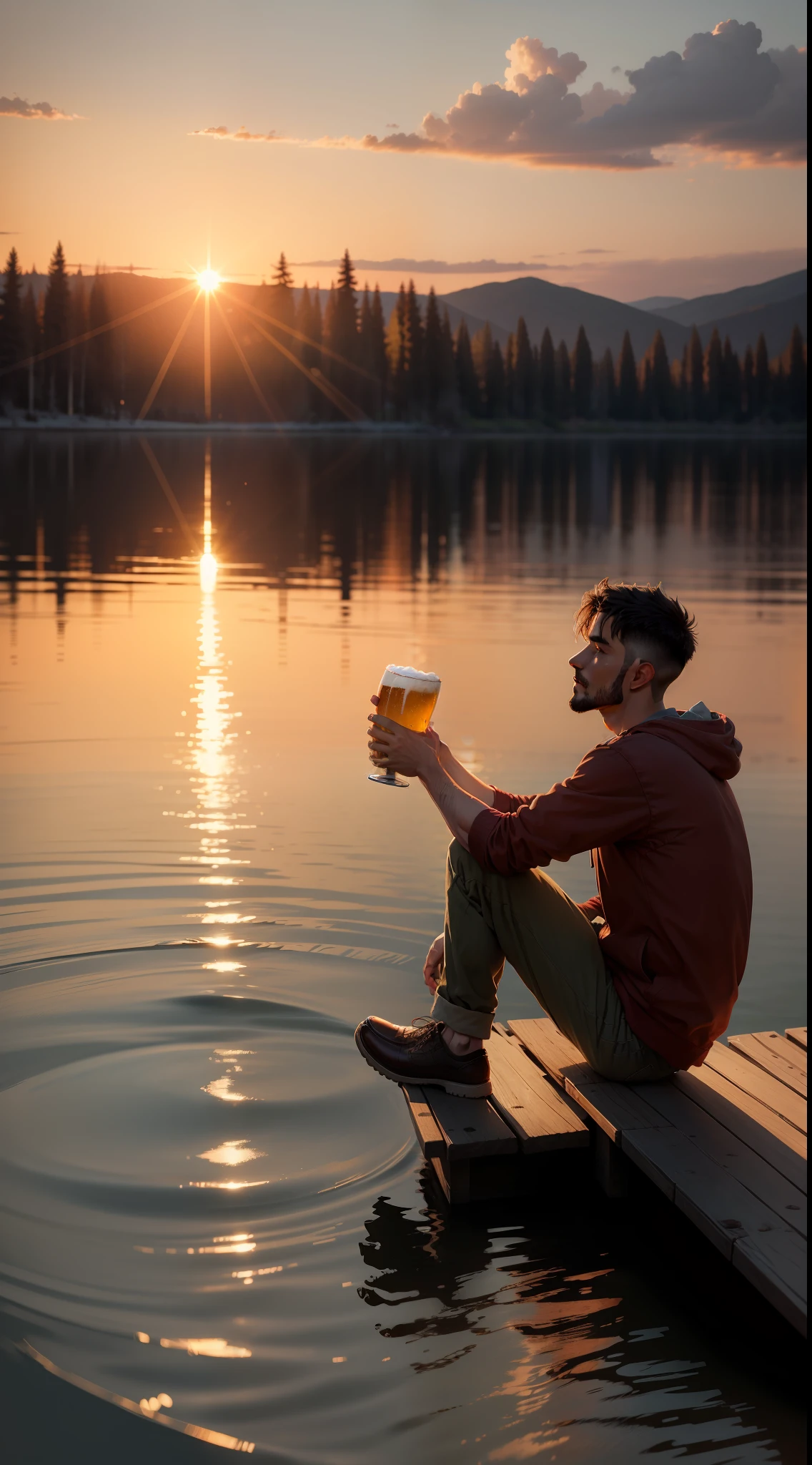 a man drinking beer on the edge of a lake, sun setting