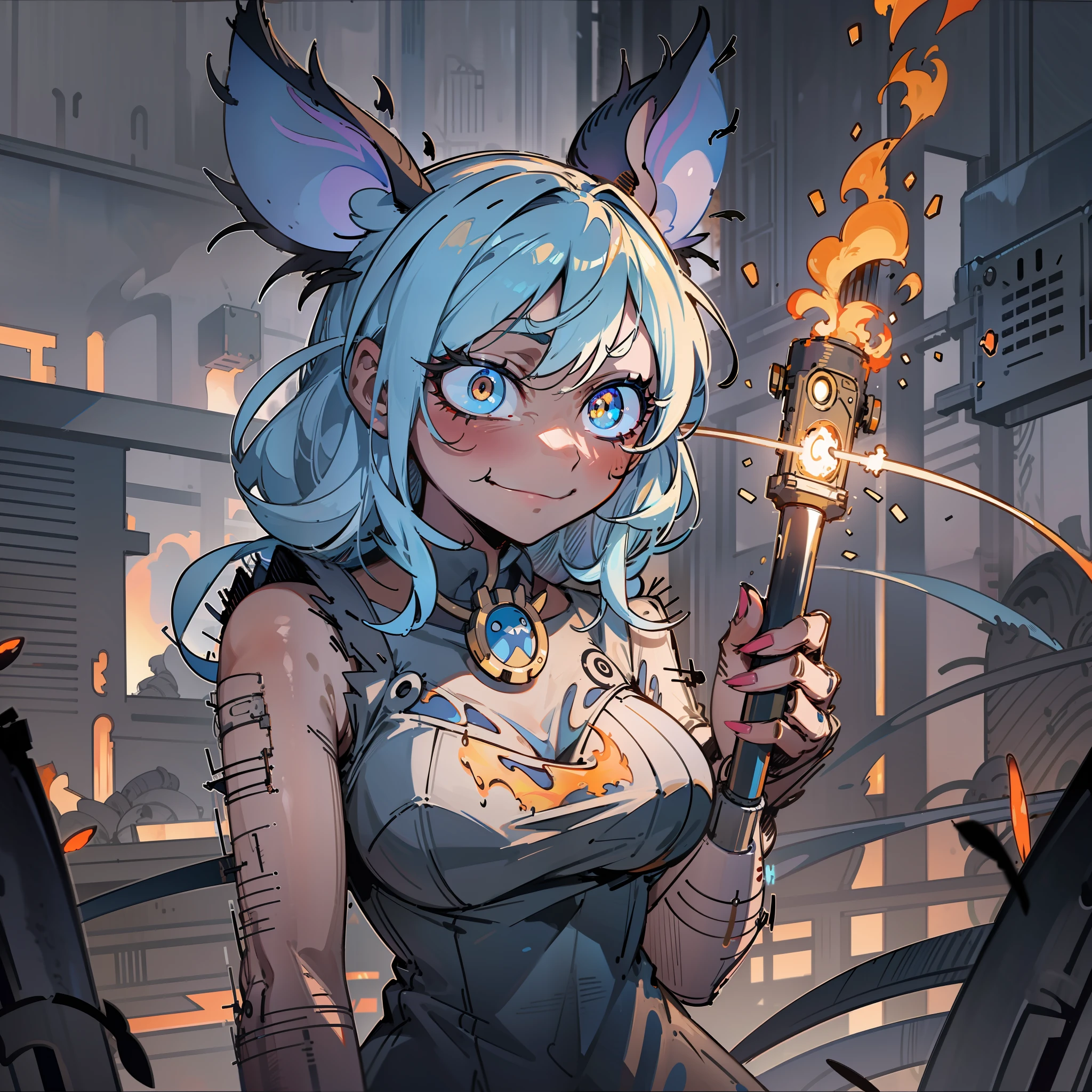 dark skin, rat ears, solo, happy look, excited look, closed mouth, calm look, large breasts, holding torch with rainbow flames, 1girl, dark skin, adult, tall, standing, white eyes, bright eyes, silly clothes, nonsense shorts, silly cap, blue mouse ears, blue mouse tail, blue hair, high detail, metallic claws, battered clothes, medium bust, burnt dress, scratched dress, burnt clothes, blue mouse ears, fire in the background, whole body, burnt mechanical wires around the body, segmented body, android, arson in the background, destroyed factory in the background, black eyes, burnt wires around