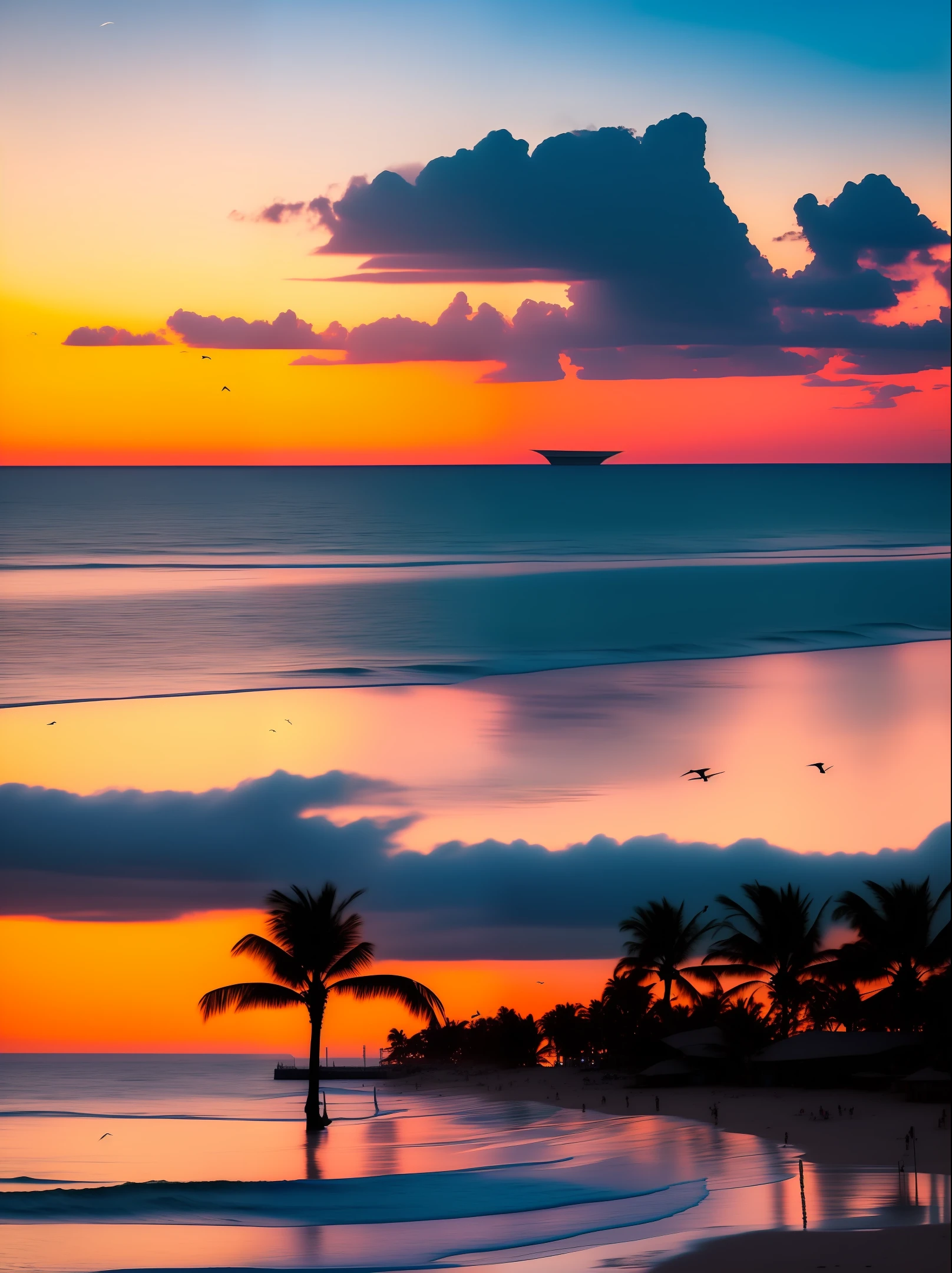 An absolutely mesmerizing sunset over the beach, with a mix of oranges, pinks and yellows filling the sky. The crystal clear waters of the sea gently kiss the coast, with a white sand beach stretching throughout. The scene is dynamic and breathtaking, with seagulls soaring high in the sky and palm trees swaying gently. WE ALSO SEE A LARGE SOLAR POWER PLANT. Soak up the soothing atmosphere and let the tranquility take over you.