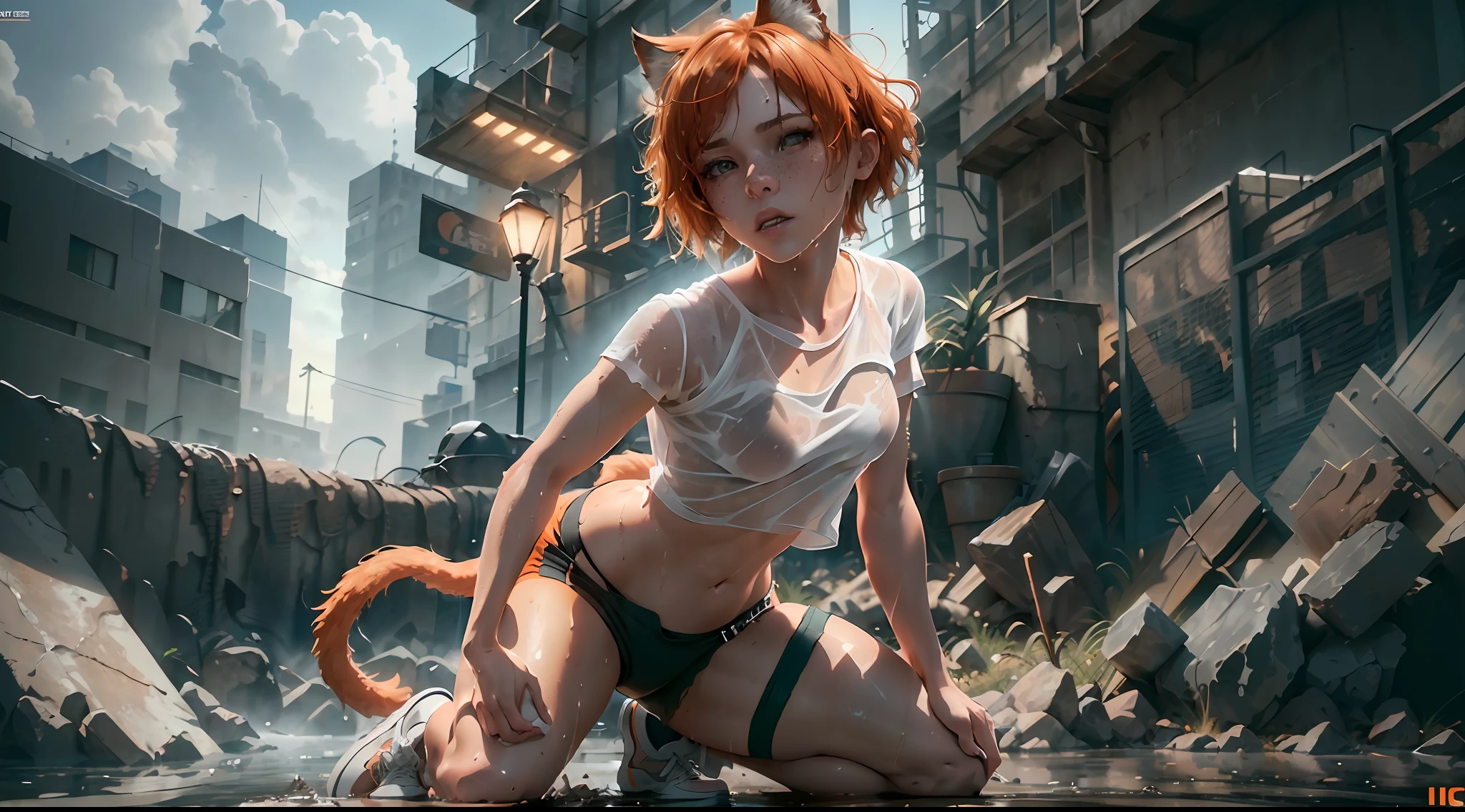 (((masterpiece))), model pose, portrait, one beautiful girl with bob cut pale skin, ((dynamic hair)), ((dynamic action pose)), wet hair, (short orange hair), (wet skin), (cat ear), (green eyes), (orange cat tail), ((wet)), ((Wet T-shirt)), (white T-shirt), (small breast), rain, cloud, workout, sport, summer, ((hot)), (dirty feet), tired look, tiredness, dirt, dirty T-shirt, T-shirt shines through, (sport shorts), (sneakers), model shoot style, freckles, stocking, dynamic hair, perfect body, small breast, highly detailed, more details, cinematic atmosphere, fog, precise correct anatomy, epic scene, artstation, detailed skin, detailed face, detailed eyes, hyperdetailed, intricately detailed art, pose figure, intricate details,dynamic lighting, post-processing, global illumination, detailed and intricate environment, modelshoot style, 8K UHD, concept art, octane render