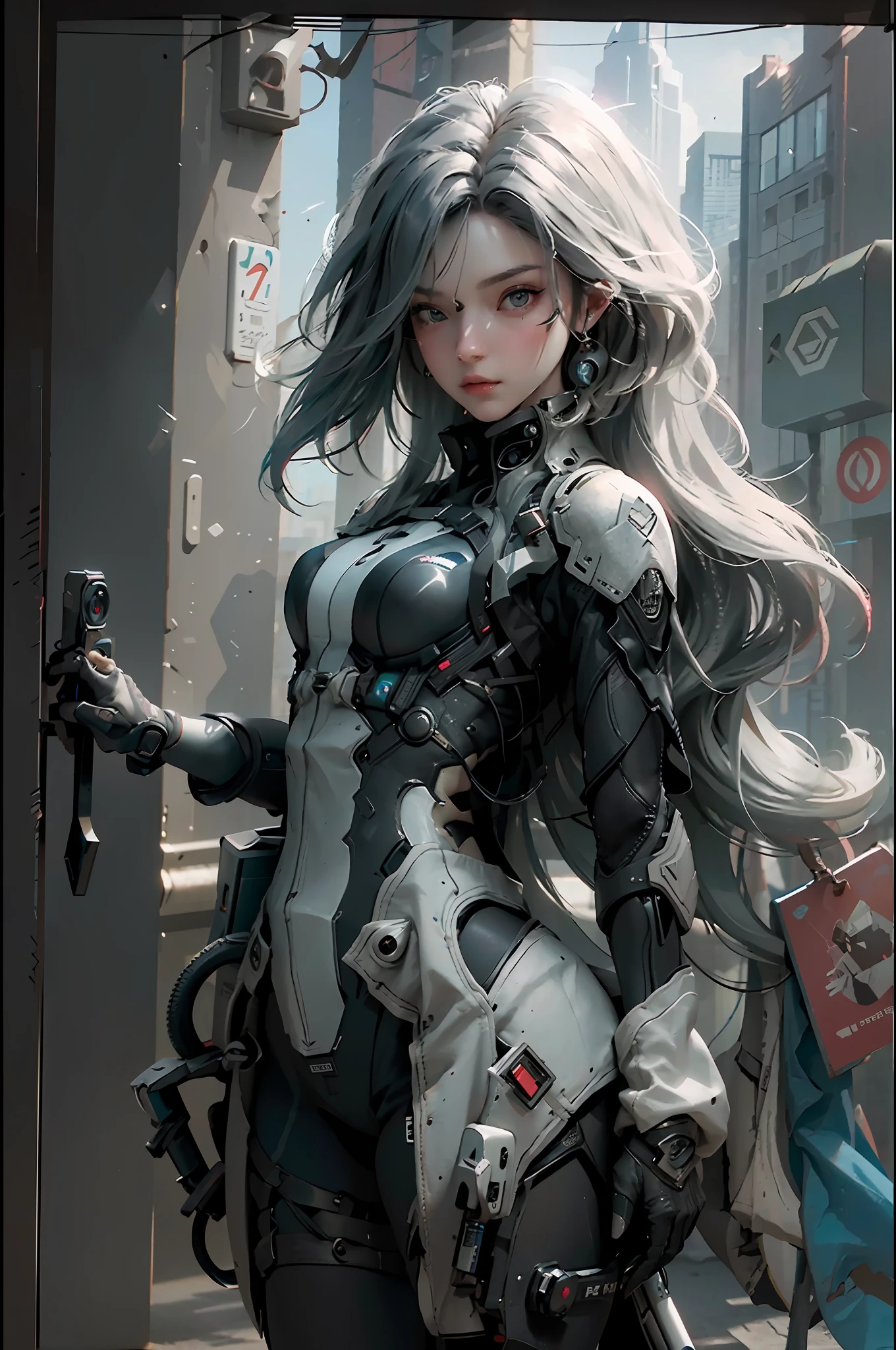 ((Best Quality)), ((Masterpiece)), (Detail: 1.4), 3D, Cyberpunk, (Square)), Bust, Perfect Face, ((Face Close-up)), Perfect Fingers, Perfect Figure, A Beautiful Cyberpunk Female Image Facing Up, (Standing), (Upright), Action Pose, ((High Detail Skin)), (Small Chest: 1.3), Collar, Tight Clothing, (Firearms), On the Battlefield, HDR (High Dynamic Range), Ray Tracing, NVIDIA RTX, Super-Resolution, Unreal 5, Subsurface Scattering, PBR Textures, Post-processing, Anisotropic Filtering, Depth of Field, Maximum Sharpness and Sharpness, Multi-layer Textures, Albedo and Highlight Mapping, Surface Shading, Accurate Simulation of Light-Material Interactions, Perfect Proportions, Octane Render, Bicolor Light, Large Aperture, Low ISO, White Balance, Rule of Thirds, 8K RAW,