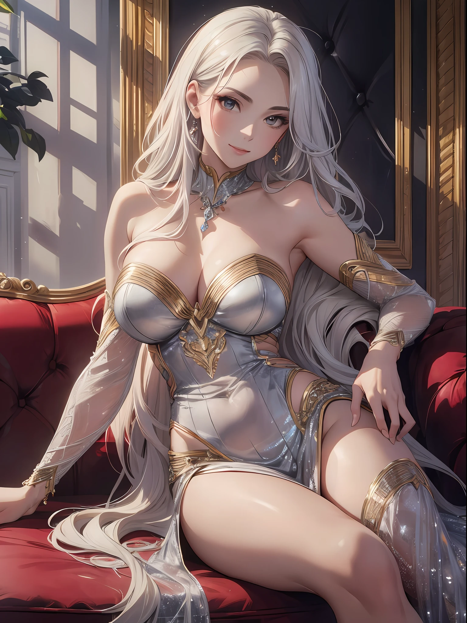 Full body shot, Perfect anatomy, sitting on a luxurious couch, Best quality, masterpiece, beautiful face, beautiful rich luxurious elegant mature lady, beautiful smile, expensive sleeveless strapless silver dress, g-cup, long beautiful long hair, detailed eyes, beautiful eyes, thick thighs, perfect 2 legs, hyperdetailed face, complex, symmetrical face, sharp focus, perfect, textured, chiaroscuro, professional make-up, realistic, figure in frame, correct body, perfect biology, flawless