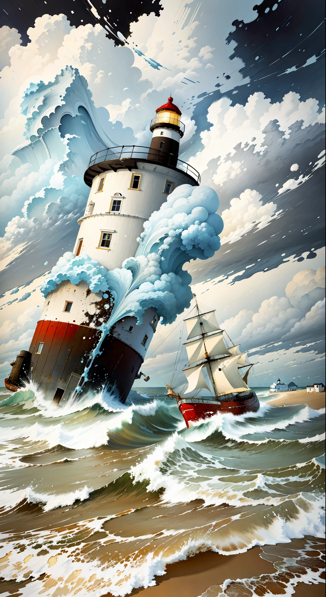 painting of a lighthouse in the middle of a storm on a beach, a ship lost in a storm, inspired by Julio Larraz, in the style of an oil painting, inspired by Arnold Böcklin, digital oil on canvas, in a storm, surreal oil on canvas, surreal scene, inspired by Arkhip Kuindzhi, inspired by Vasily Surikov
