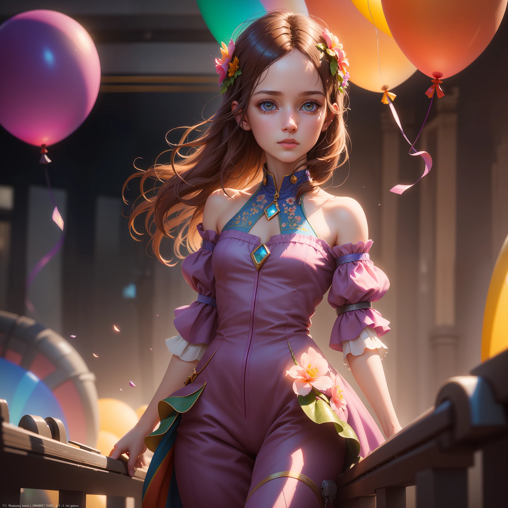 Highly detailed color RAW photography, beautiful young girl, back, (slim), (detailed skin), (detailed lips), (detailed eyes), (rainbow bridge: 1.4), (balloon: 1.1), (sci-fi setting) (detailed face), (figures), detailed eyes, chromatic aberration, depth of field, soft lighting, masterpiece, best quality, intricate, (reflection: 0.7), (bloom: 0.7), particle effects, ray tracing, tone mapping, high detail, concept art, smoothness, sharp focus, dramatic lighting, highly detailed illustrations, cinematography, hyper-realistic painting, trends on Artstation, 8K, incredible shadows, realism (highly detailed background: 1.2), art by midjourney