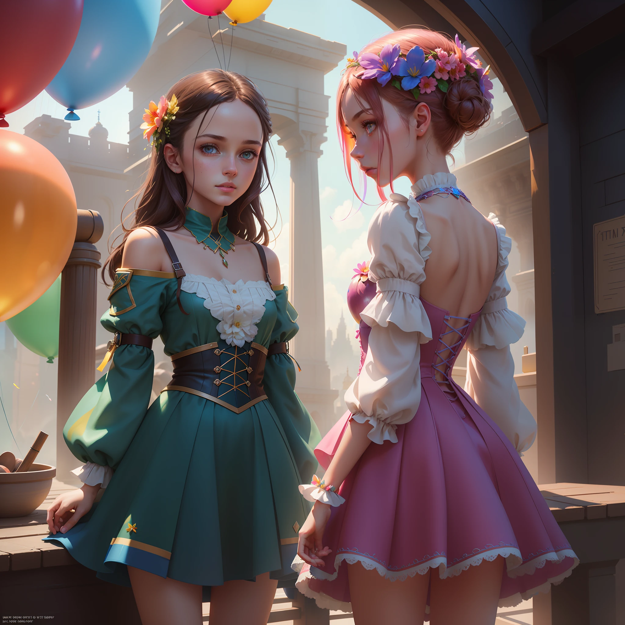 Highly detailed color RAW photography, beautiful young girl, back, (slim), (detailed skin), (detailed lips), (detailed eyes), (rainbow bridge: 1.4), (balloon: 1.1), (sci-fi setting) (detailed face), (figures), detailed eyes, chromatic aberration, depth of field, soft lighting, masterpiece, best quality, intricate, (reflection: 0.7), (bloom: 0.7), particle effects, ray tracing, tone mapping, high detail, concept art,  smoothness, sharp focus, dramatic lighting, highly detailed illustrations, cinematography, hyper-realistic painting, trends on Artstation, 8K, incredible shadows, realism (highly detailed background: 1.2), art by midjourney