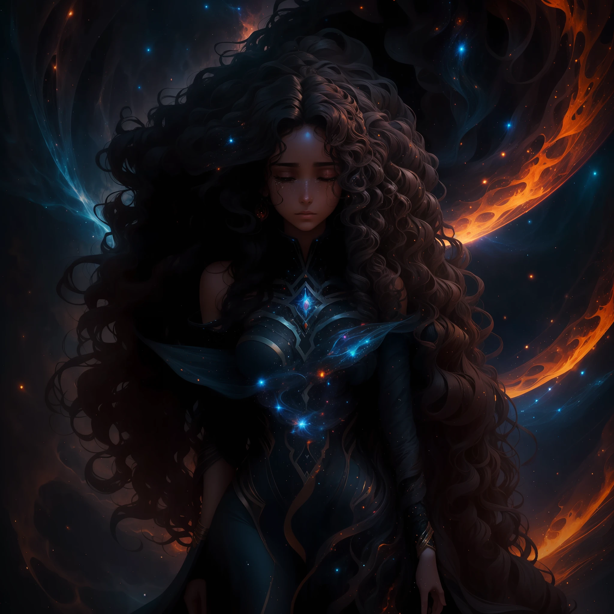 A dark woman with long curly hair emerges her burning figure in an environment of absolute infinite cosmos, her tears are stars